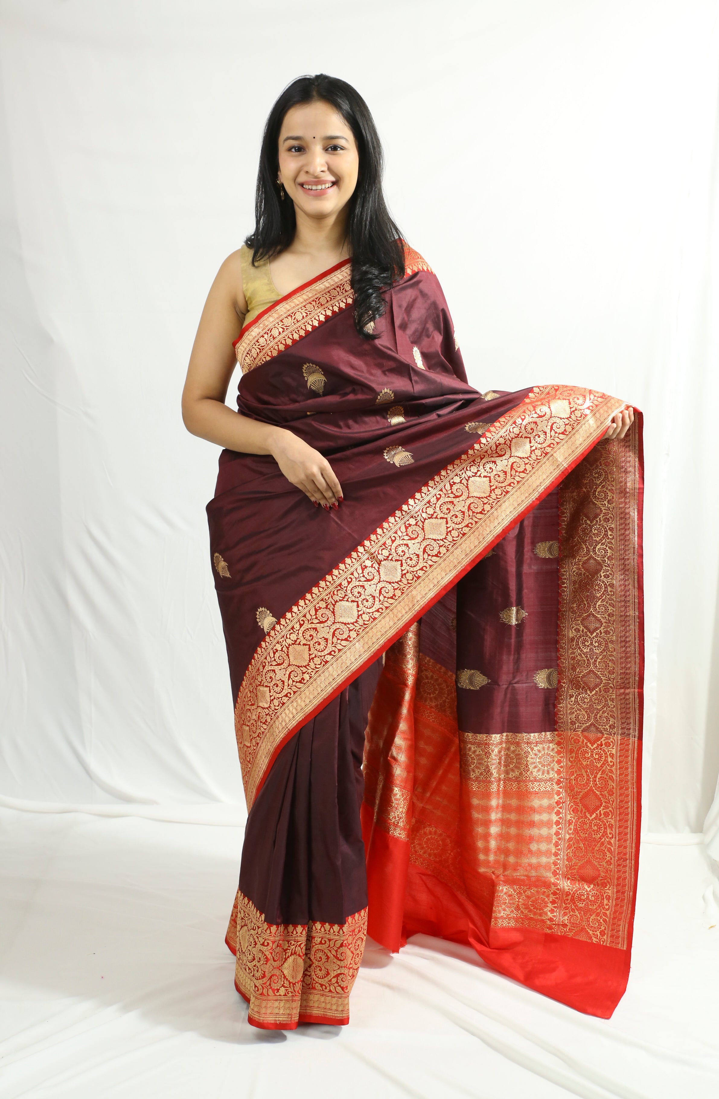 Burgundy Banarasi Silk Saree With Red Zari Border – Sayali Rajadhyaksha ...