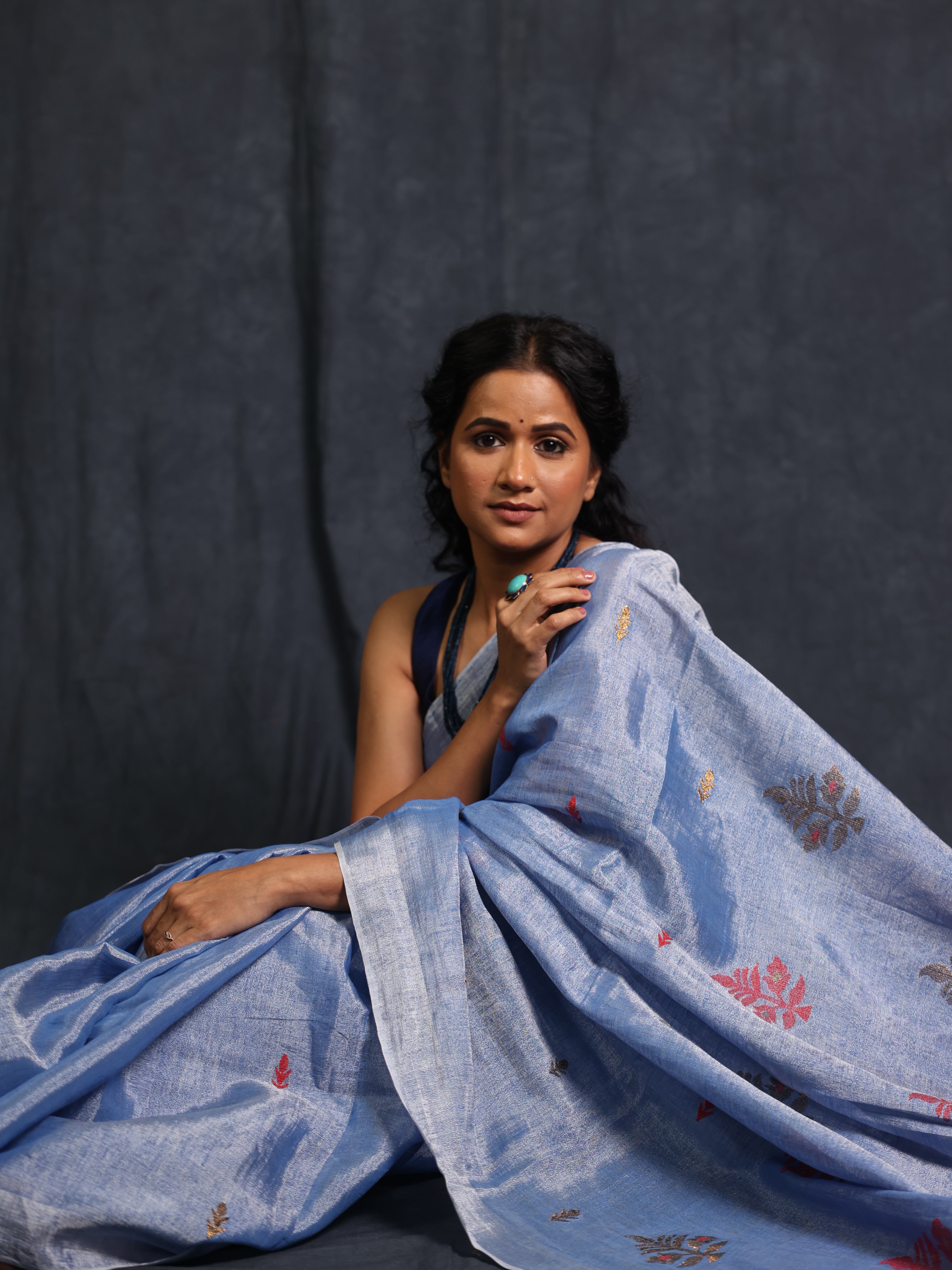 Light Blue Tissue Linen Jamdani Saree - SRLBTLJS160