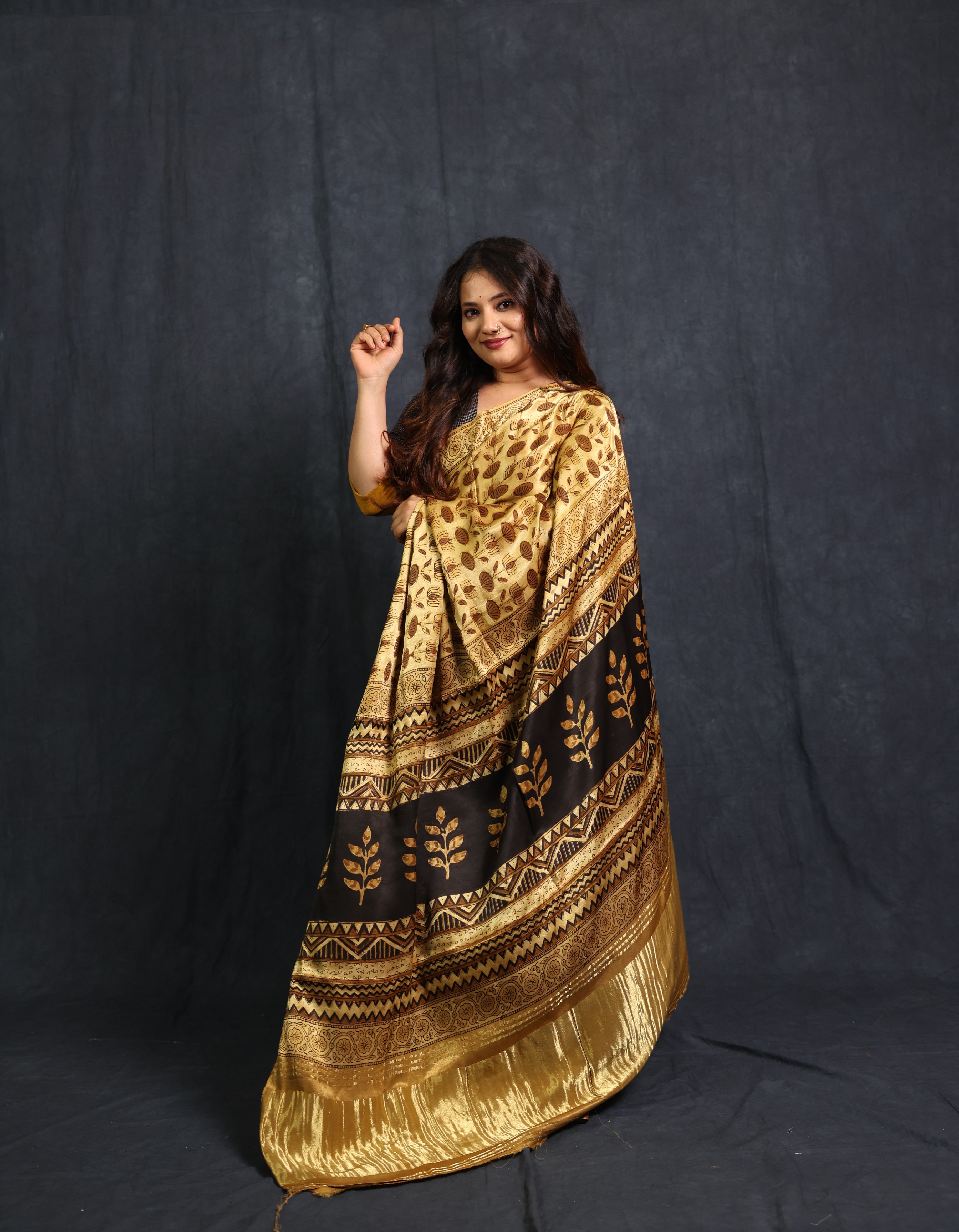 Cream Gold HBP Modal Silk Saree - SRCGMSS535