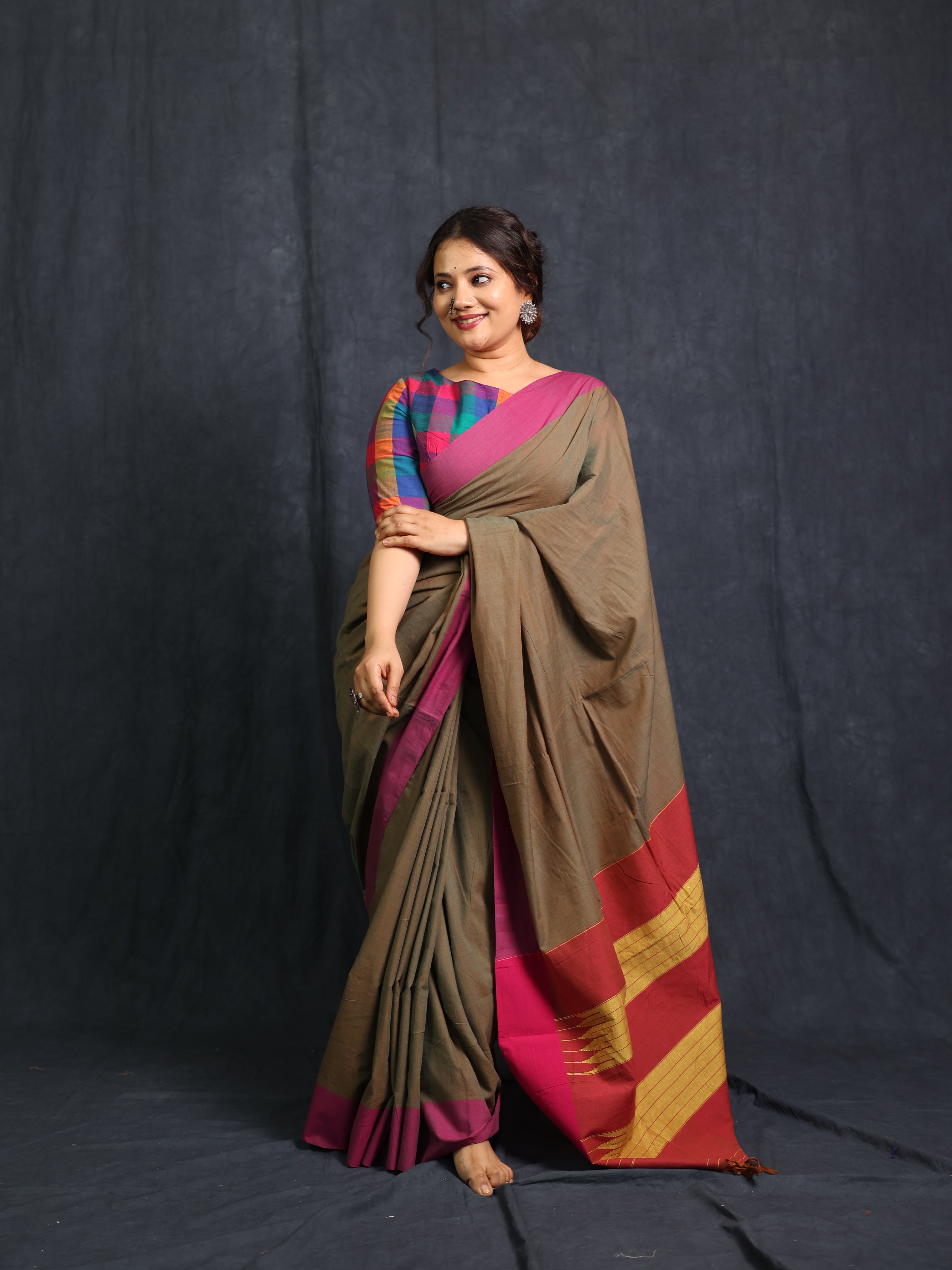 Two Tone Brown Cotton Ilkal Saree - SRTTBCIS974