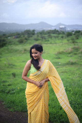 Yellow HBP Cotton Saree with Contrast Blouse- SRYCS1135