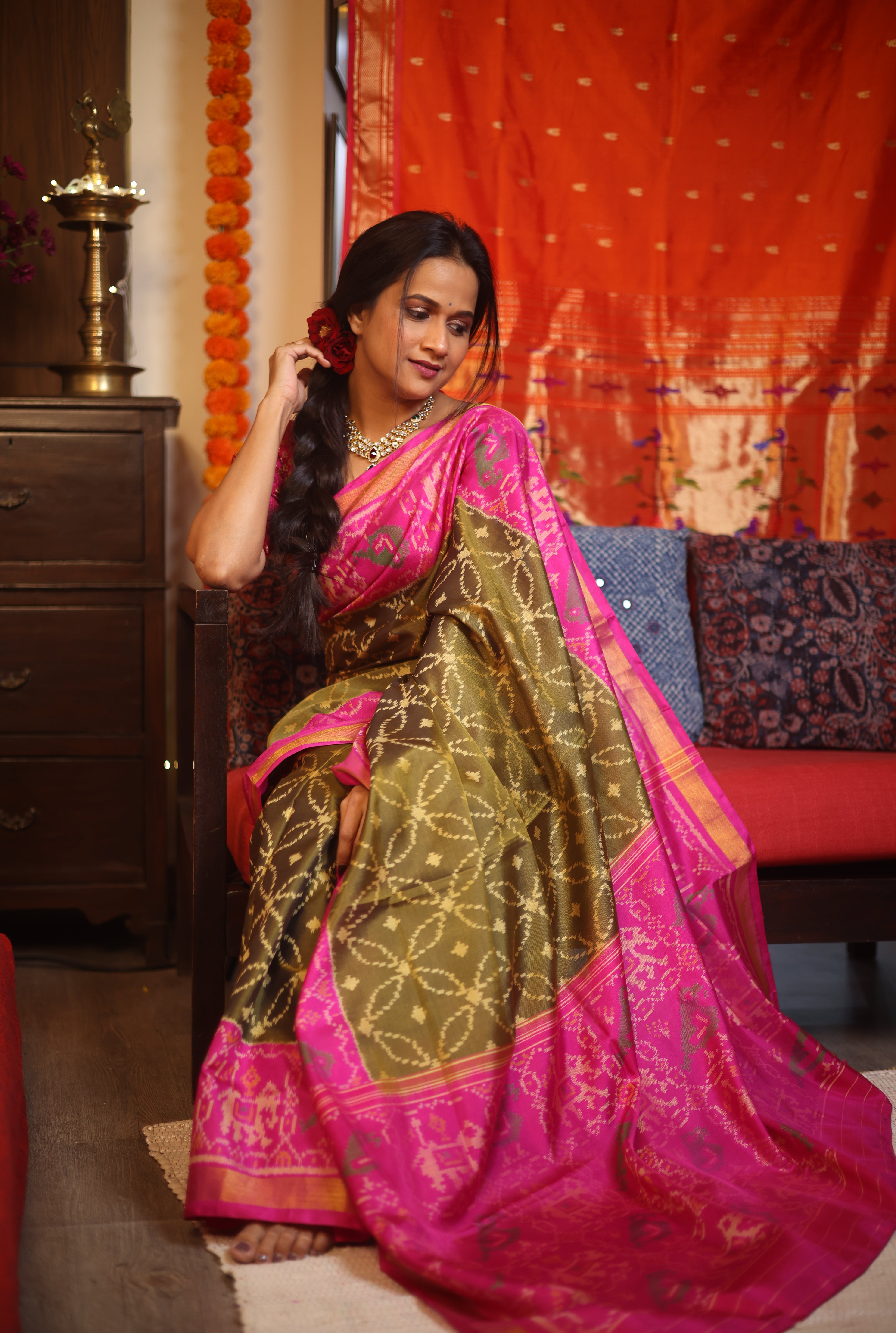 Olive Green Rajkot Patola Silk Saree - SROGRPSS452