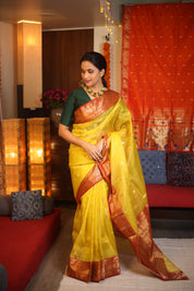 Yellow Chanderi Tissue Silk Saree - SRYCSS342