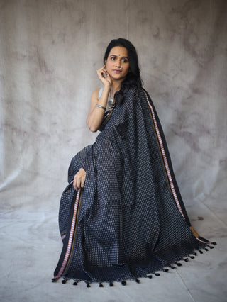 Black Plain Khun Saree With Black Border-SRBPKS251