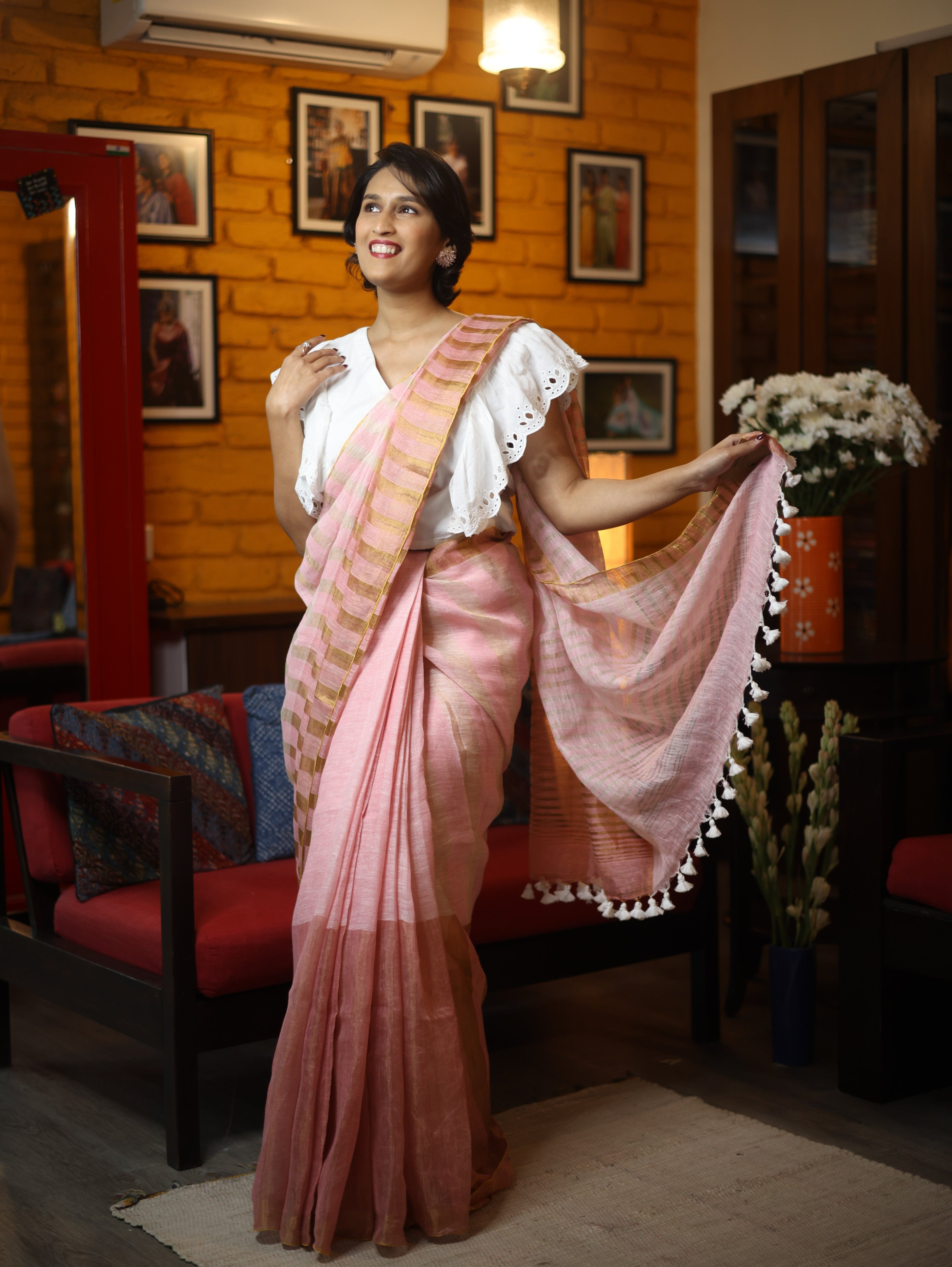 Pink Plain Linen Saree With Tassels-SRPPLS165