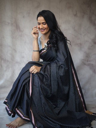 Black Plain Khun Saree With Black Border-SRBPKS251