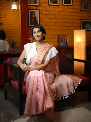 Pink Plain Linen Saree With White Tassels-SRPPLS165