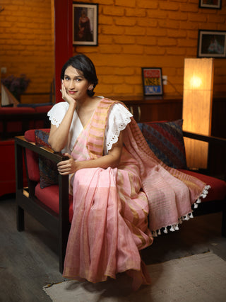 Pink Plain Linen Saree With White Tassels-SRPPLS165