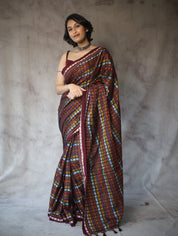 Black HathiMor Khun Saree With Maroon Border-SRBHMKS27EX
