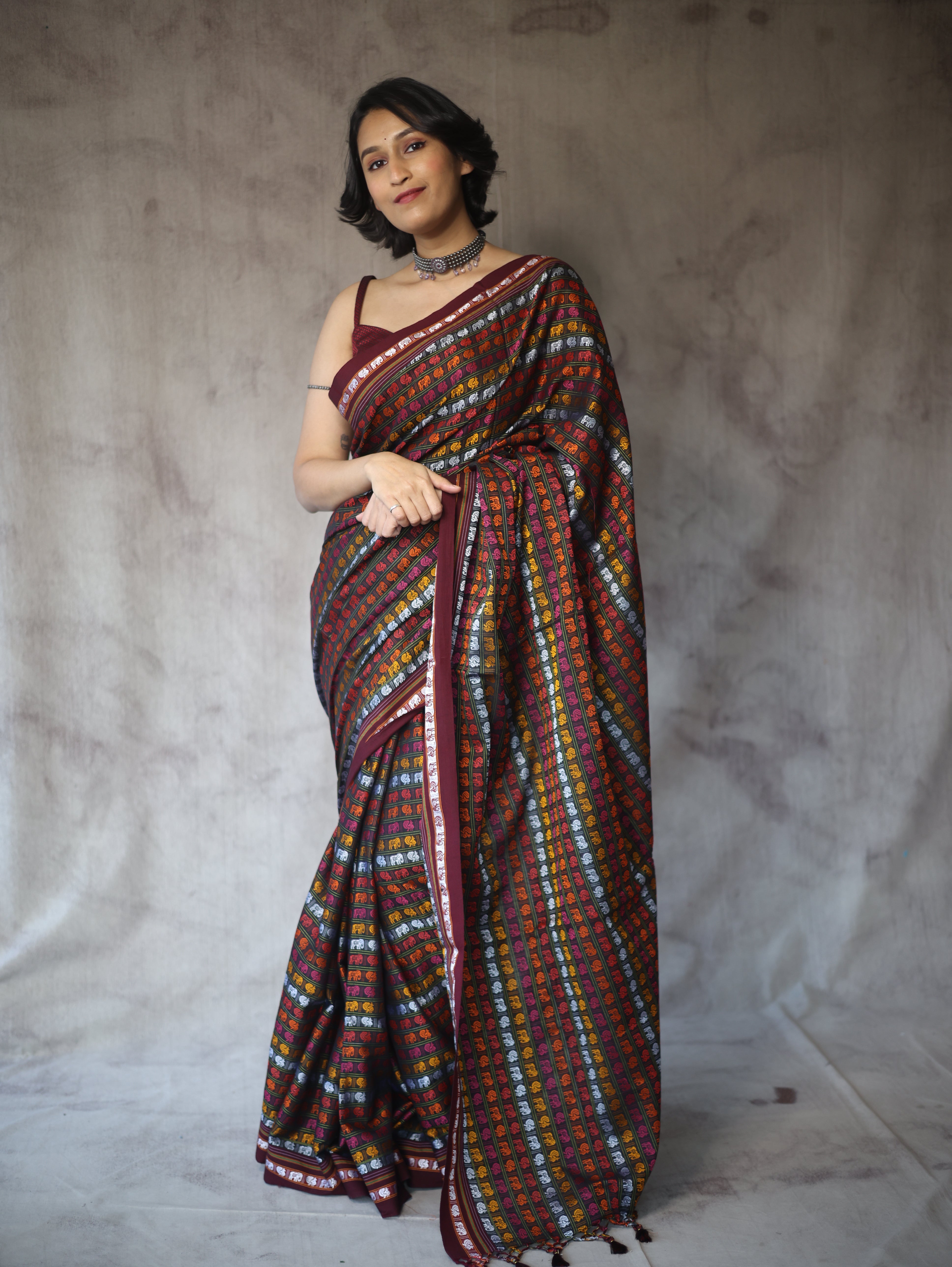 Black HathiMor Khun Saree With Maroon Border-SRBHMKS27EX