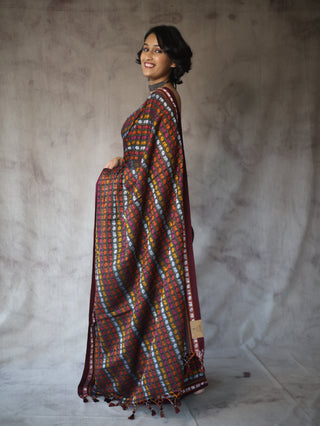 Black HathiMor Khun Saree With Maroon Border-SRBHMKS27EX