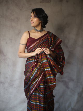 Black HathiMor Khun Saree With Maroon Border-SRBHMKS27EX