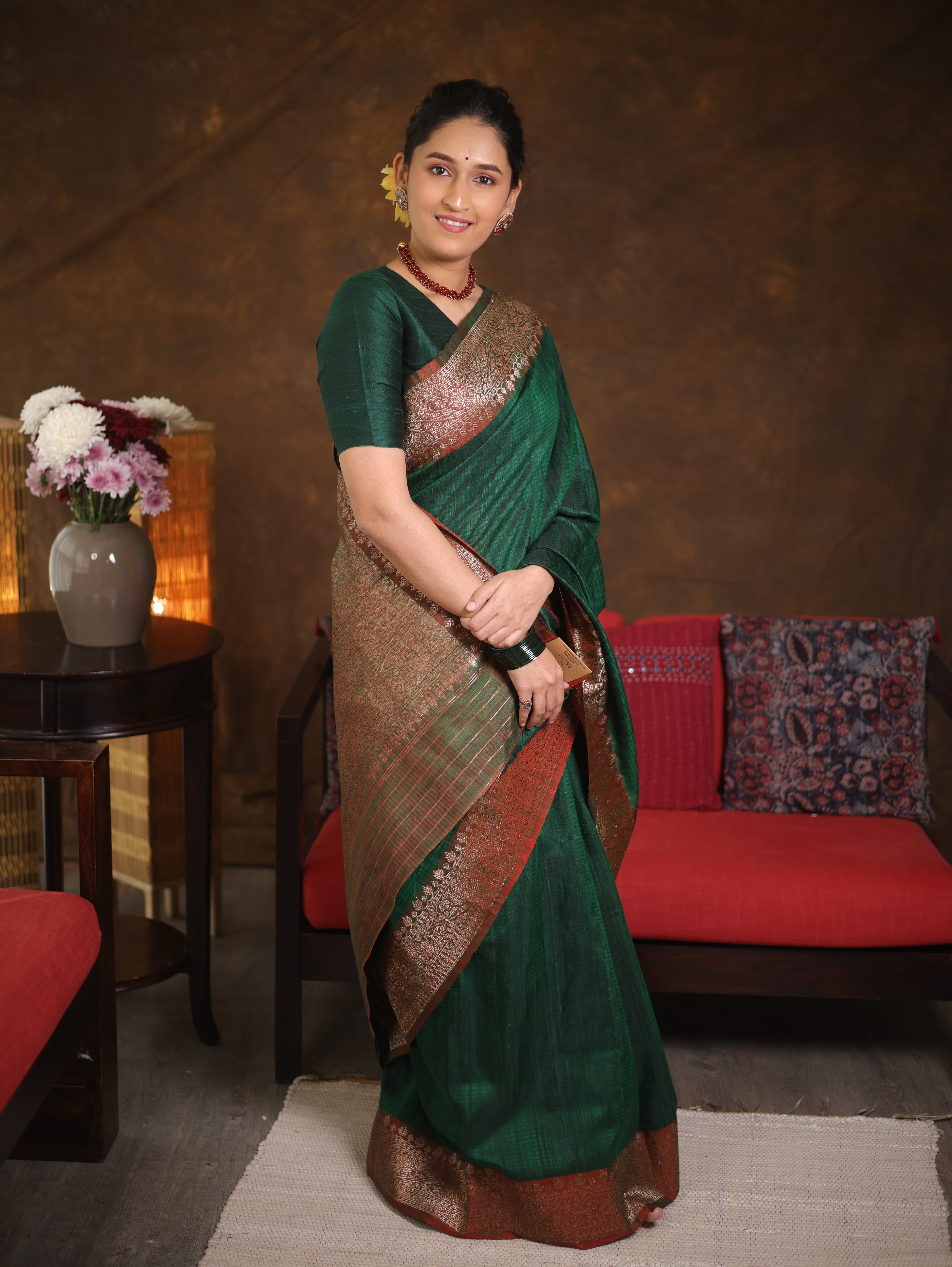 Grass Green Tussar Banarasi Silk Saree - SRGGBSS830