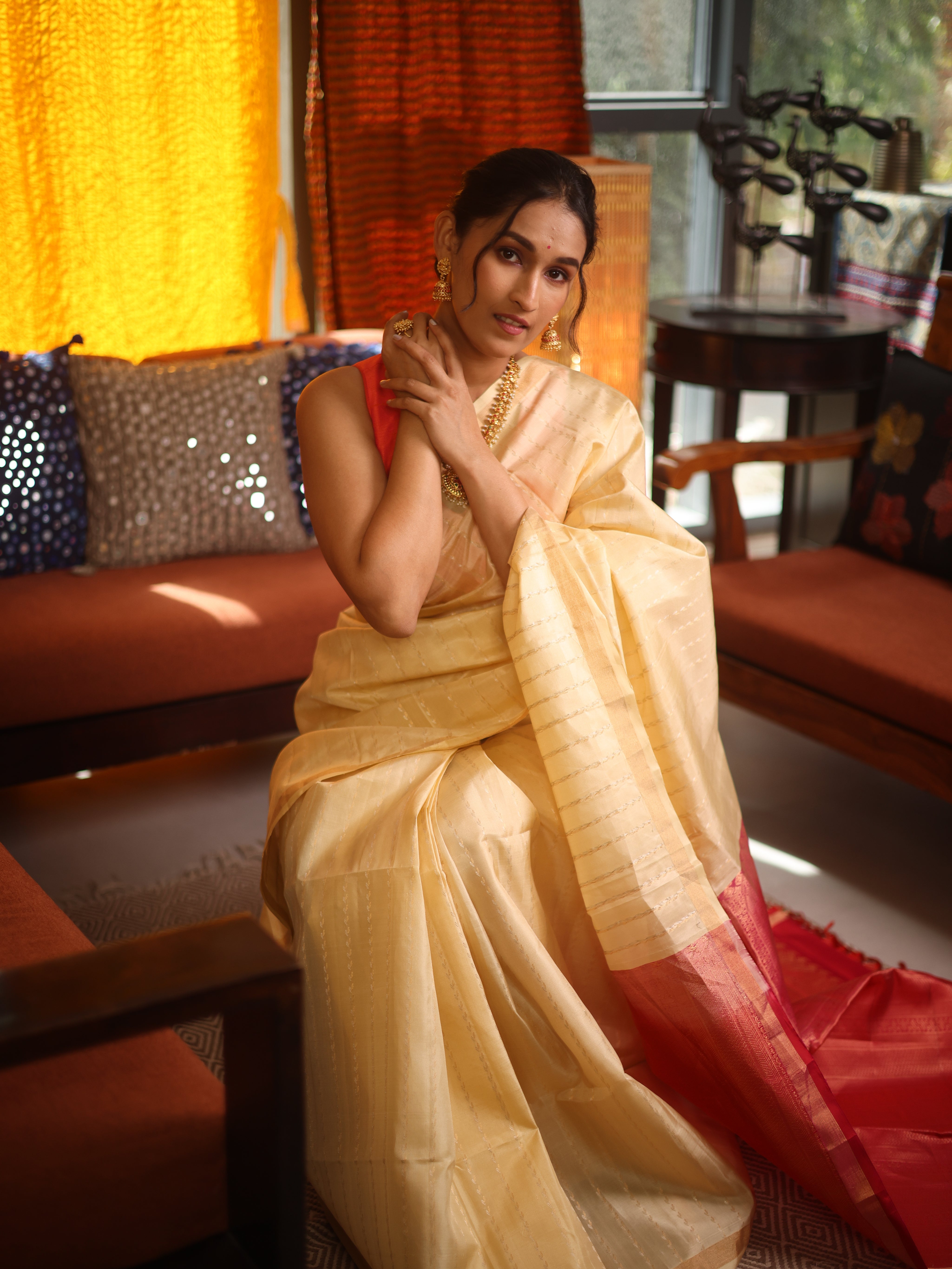 Cream Soft Silk Saree - SRCSSS459