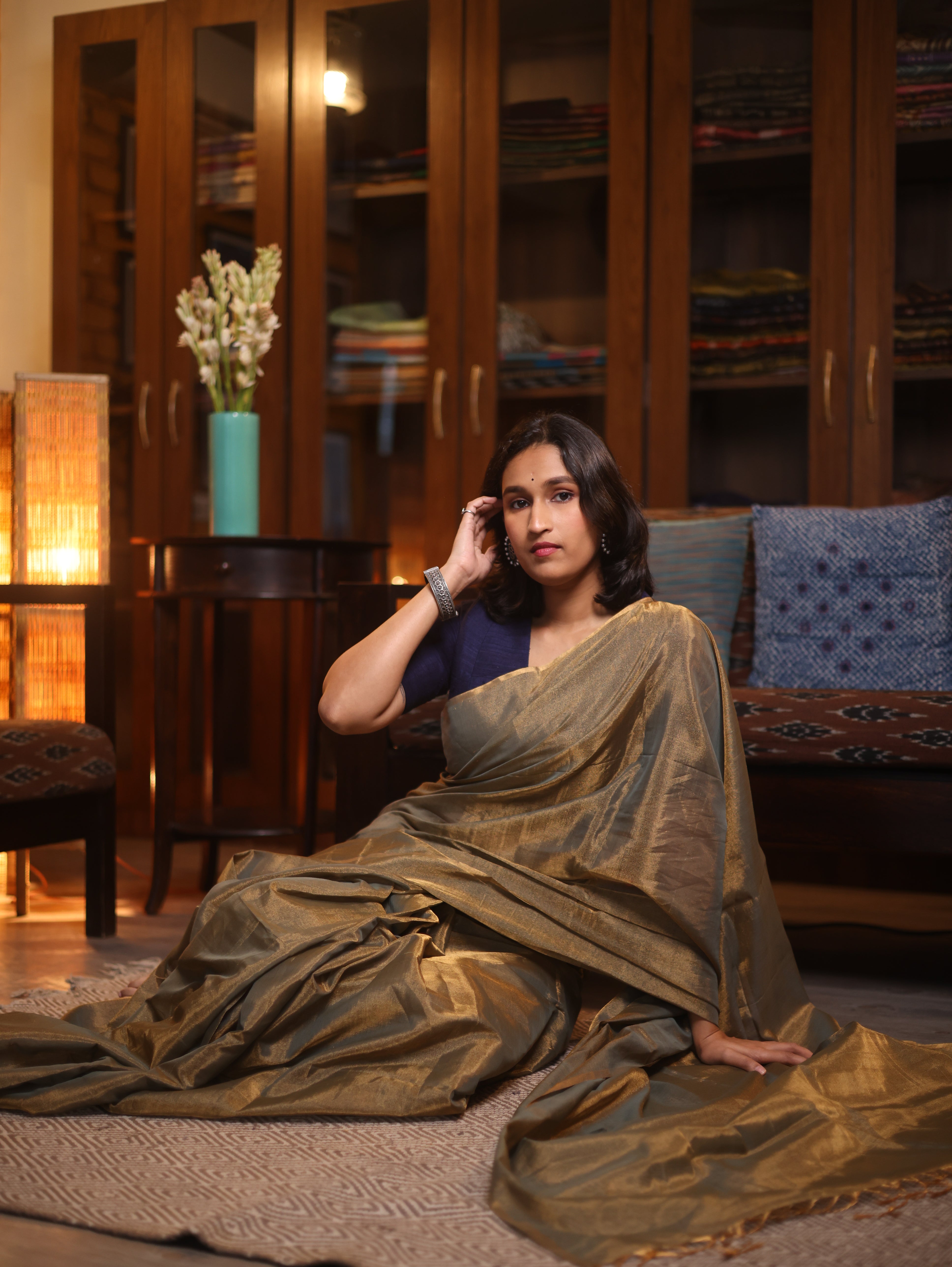 Two Tone Gold Maheshwari Tissue Saree - SRTTGMTS408