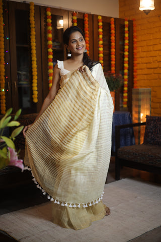 White Plain Linen Saree With White Tassels-SRWPLS146