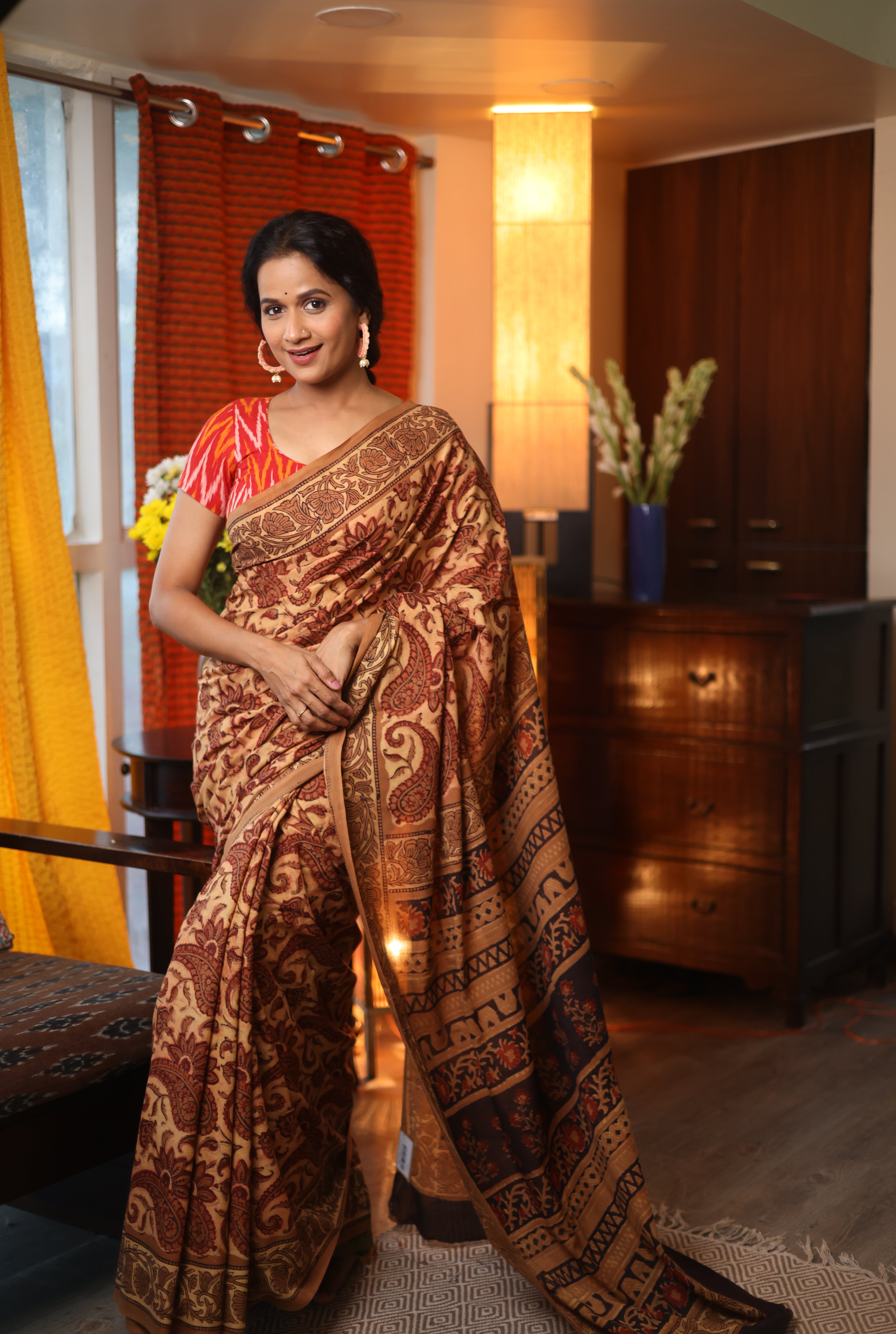 Beige Ajrakh HBP Cotton Saree - SRBACS1744