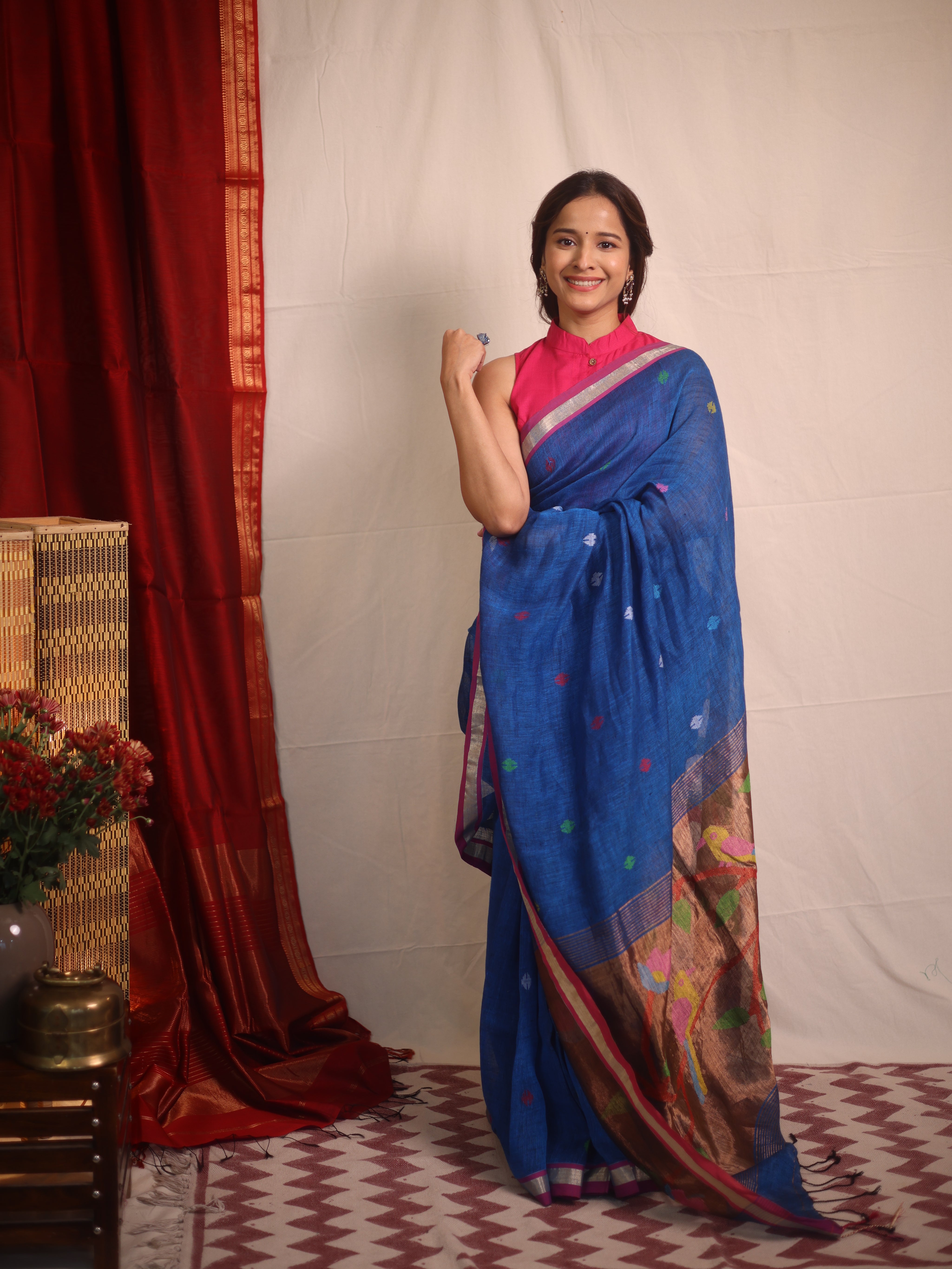 Peacock Blue Linen Jamdani Saree - SRPBLJS503