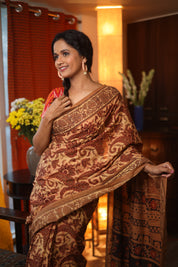 Beige Ajrakh HBP Cotton Saree - SRBACS1744