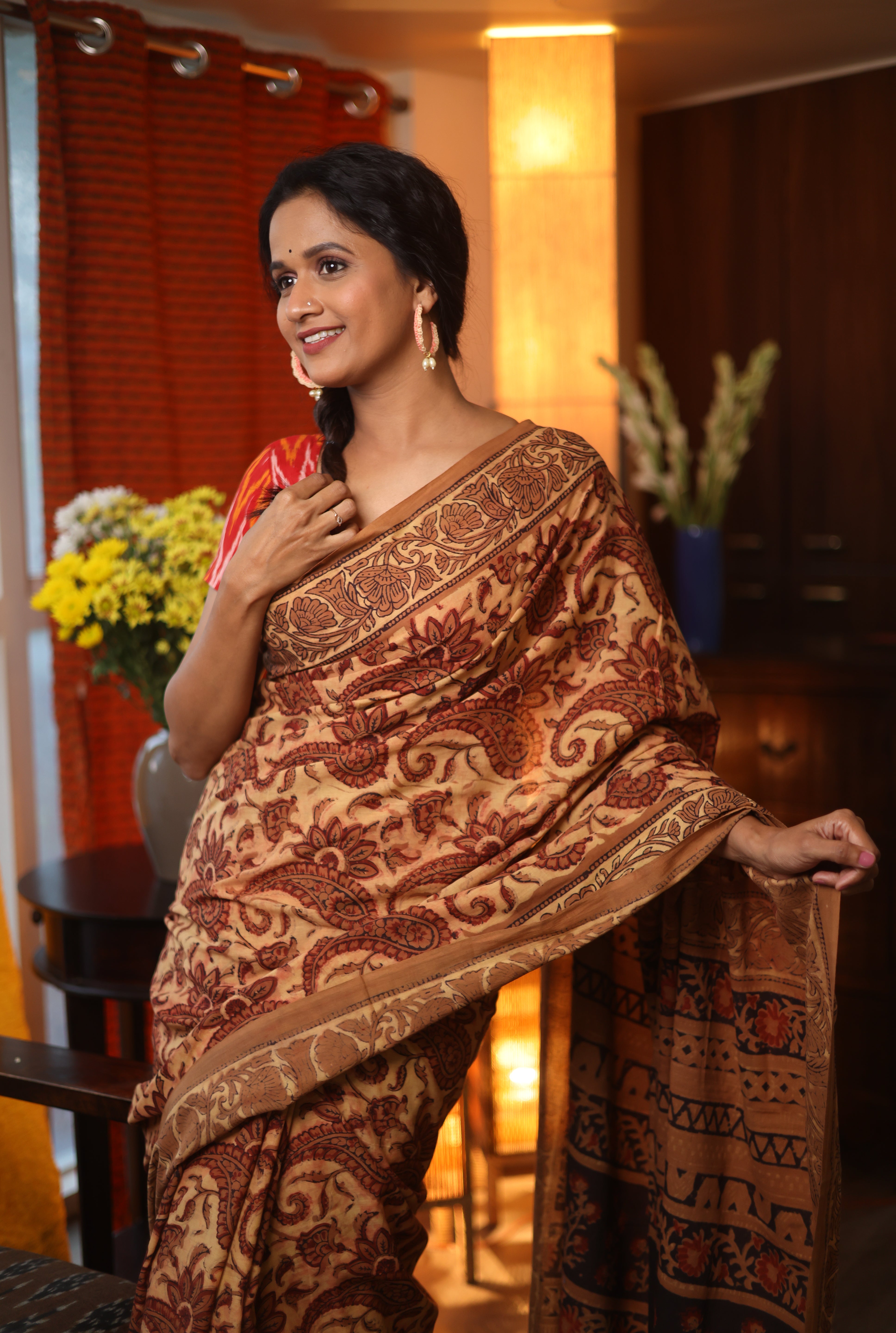 Beige Ajrakh HBP Cotton Saree - SRBACS1744