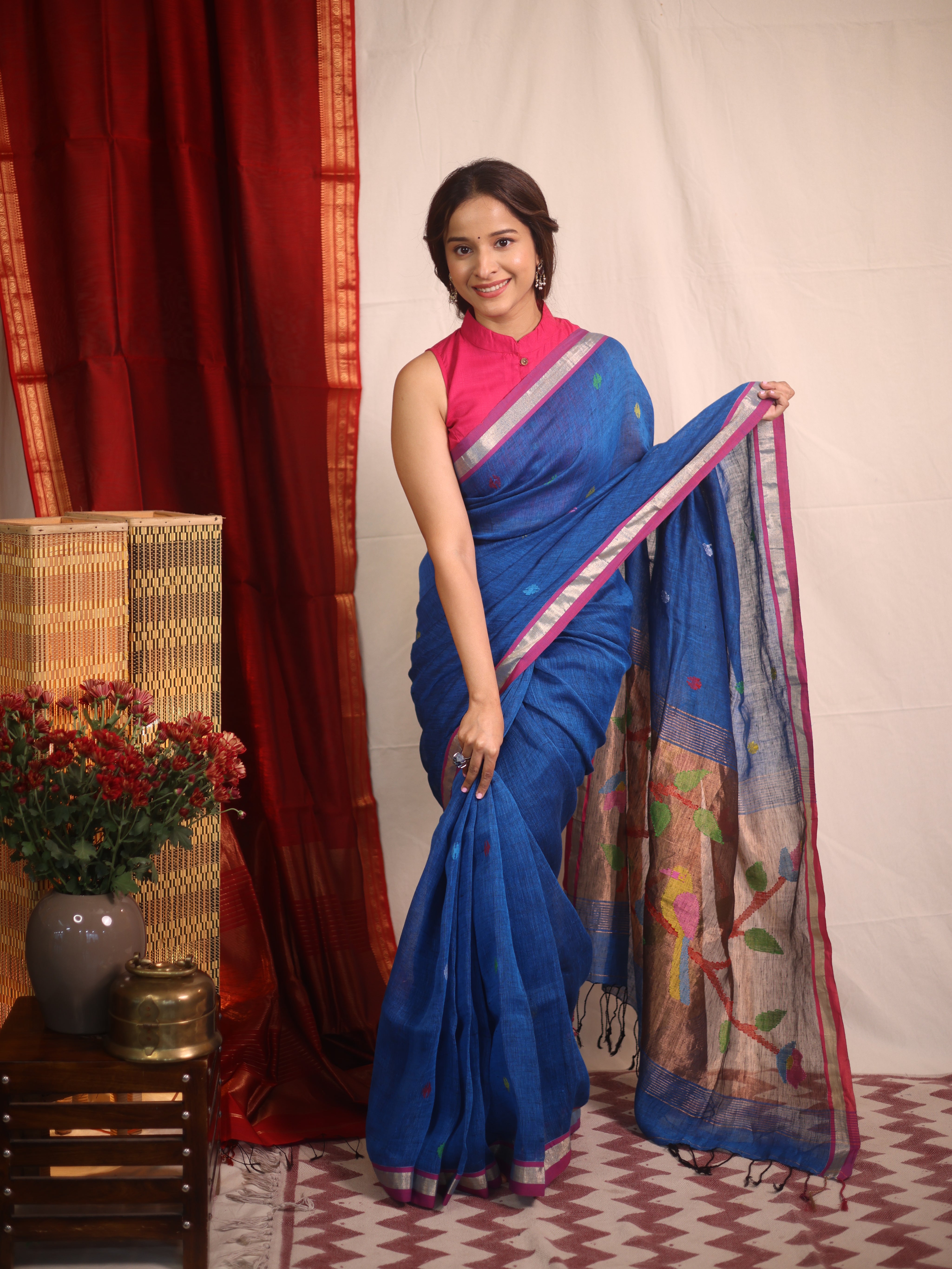 Peacock Blue Linen Jamdani Saree - SRPBLJS503