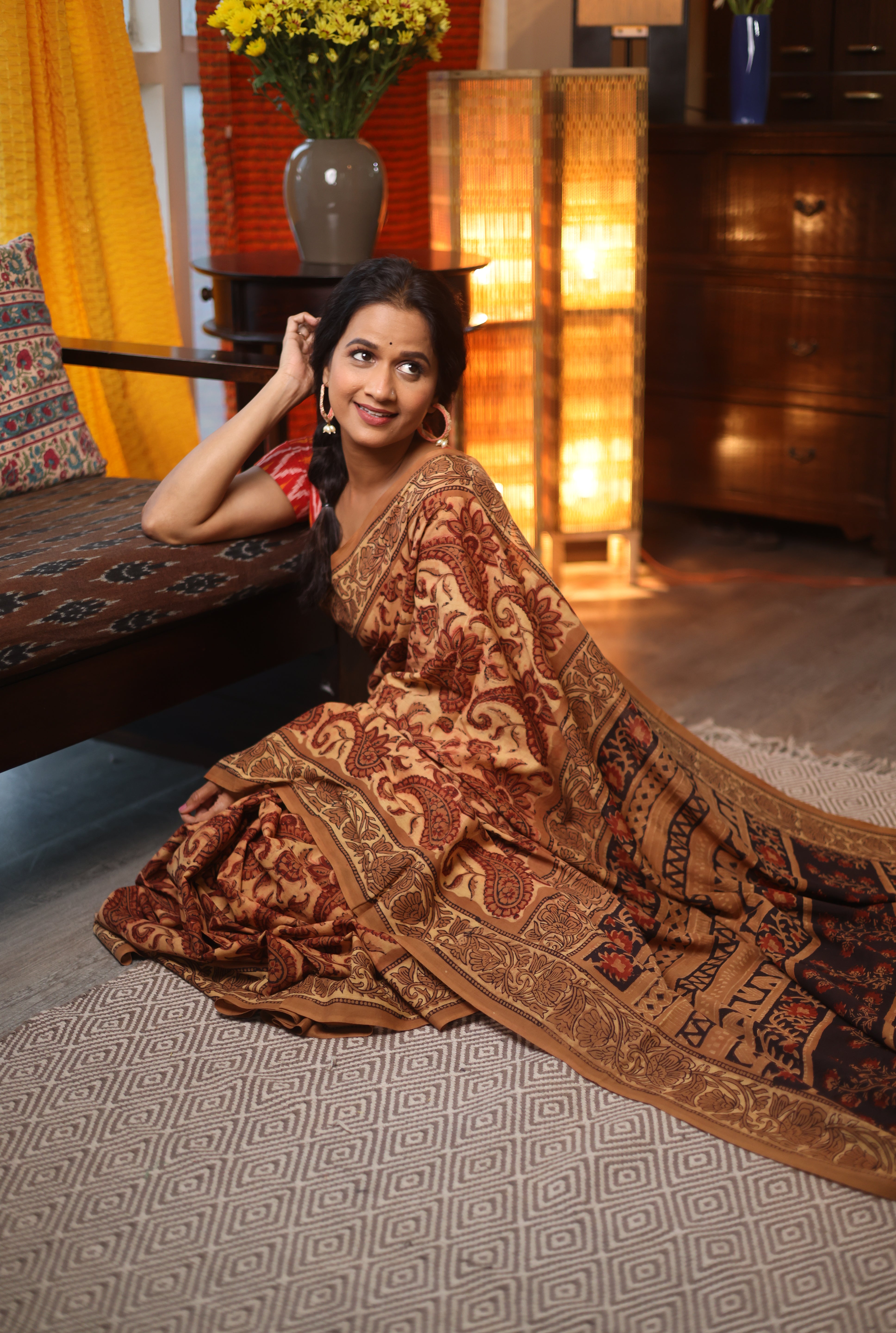 Beige Ajrakh HBP Cotton Saree - SRBACS1744