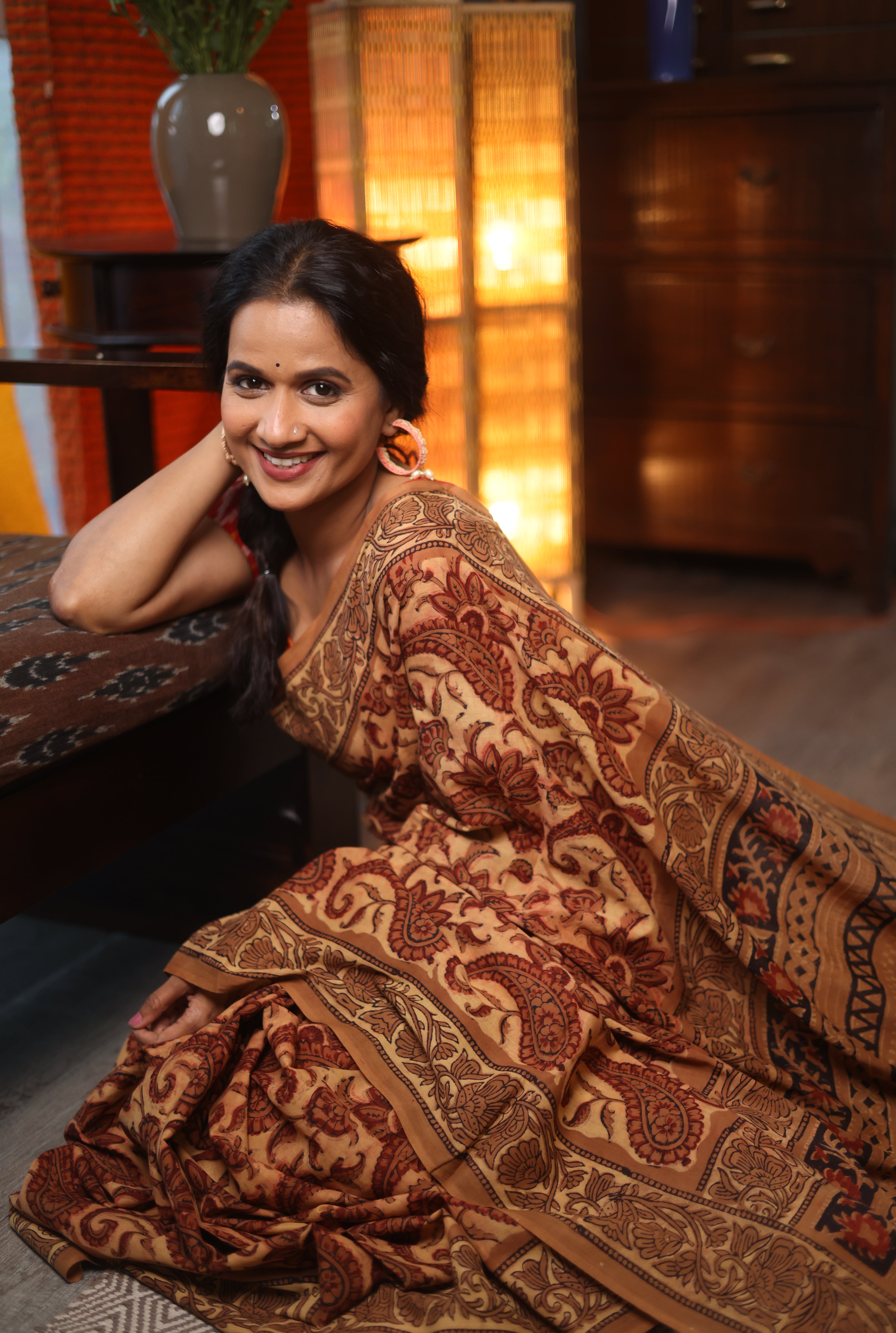 Beige Ajrakh HBP Cotton Saree - SRBACS1744