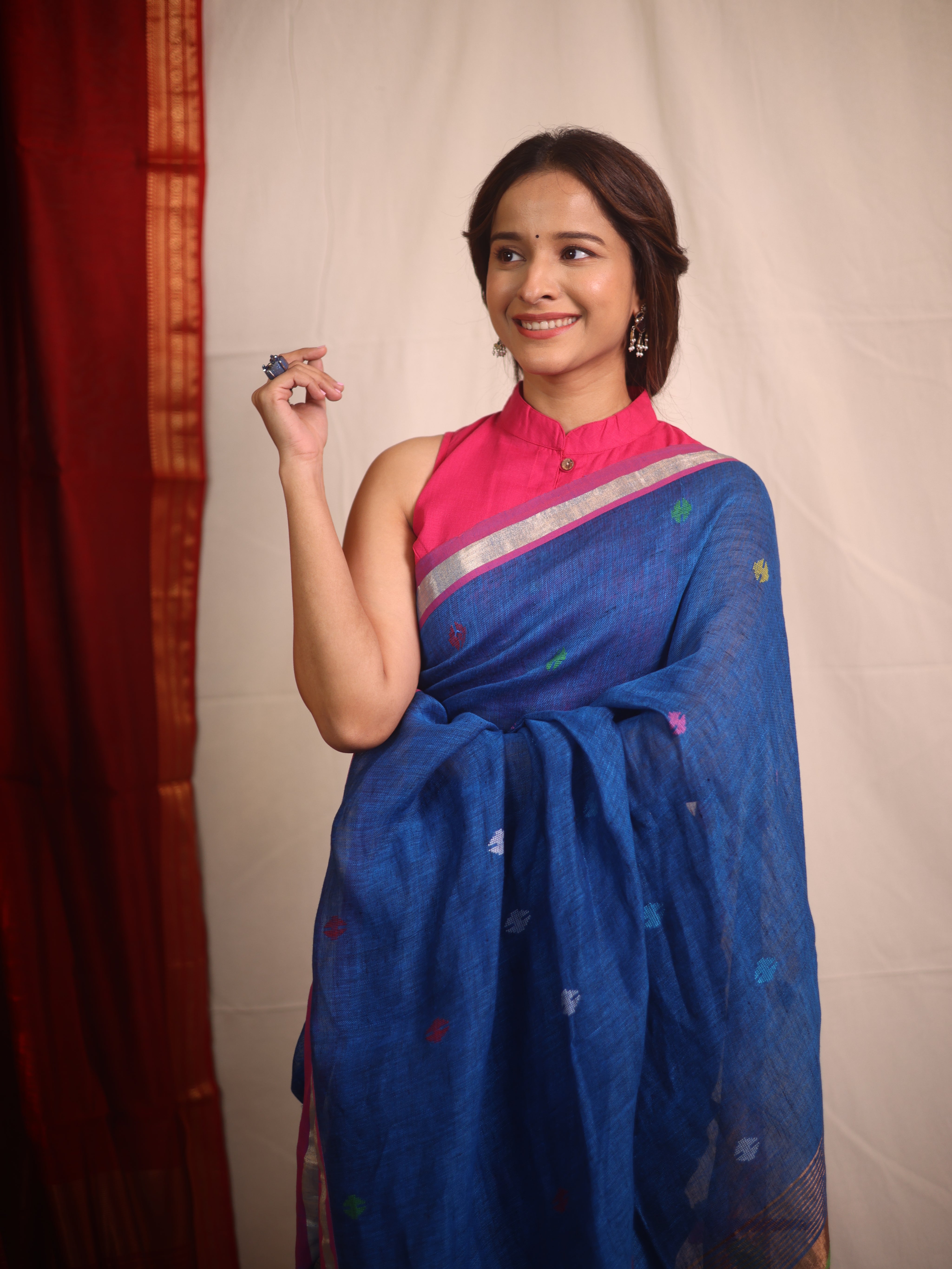 Peacock Blue Linen Jamdani Saree - SRPBLJS503