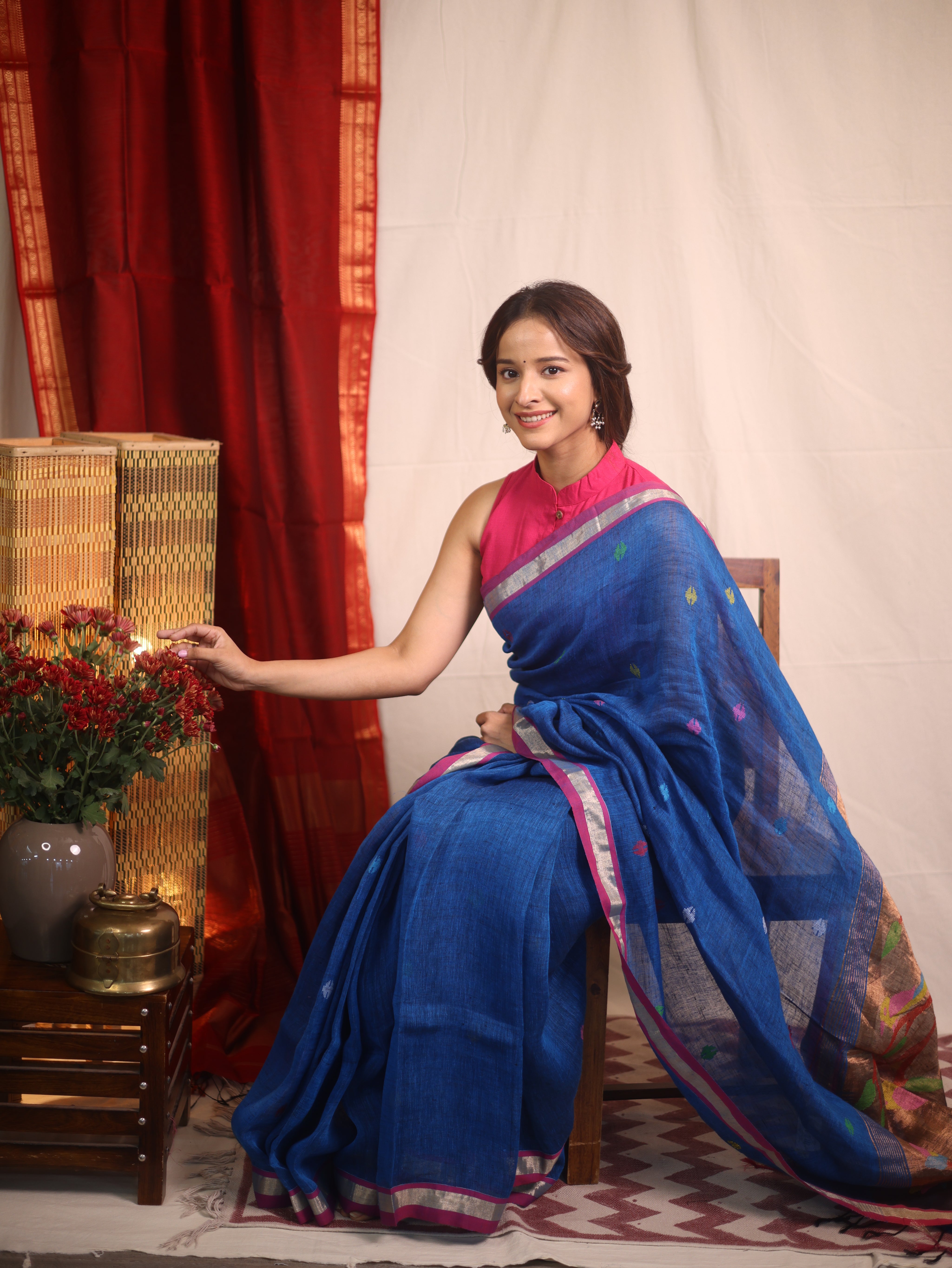 Peacock Blue Linen Jamdani Saree - SRPBLJS503