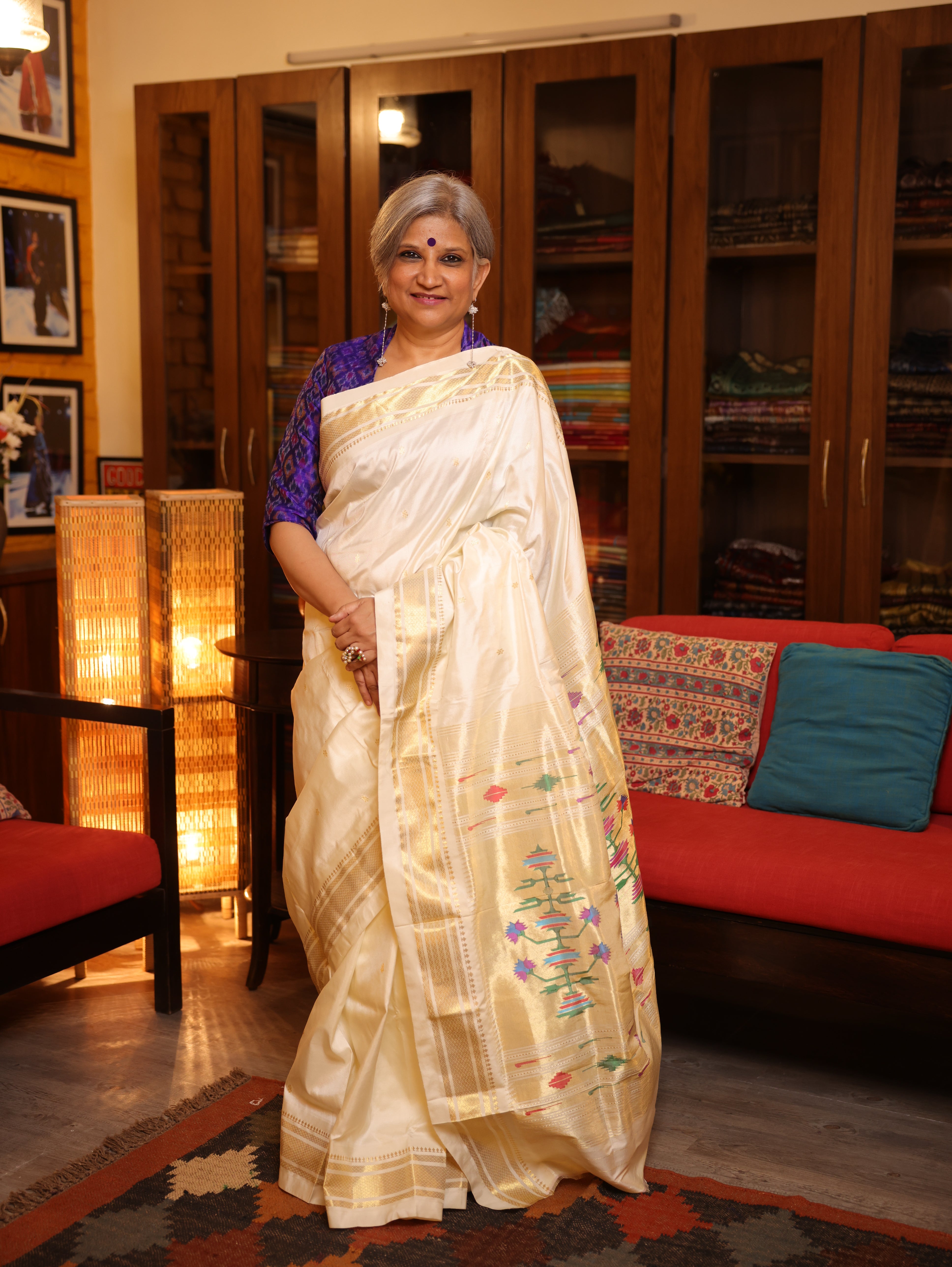 Off-White Silk Paithani Saree - SROWSPS592