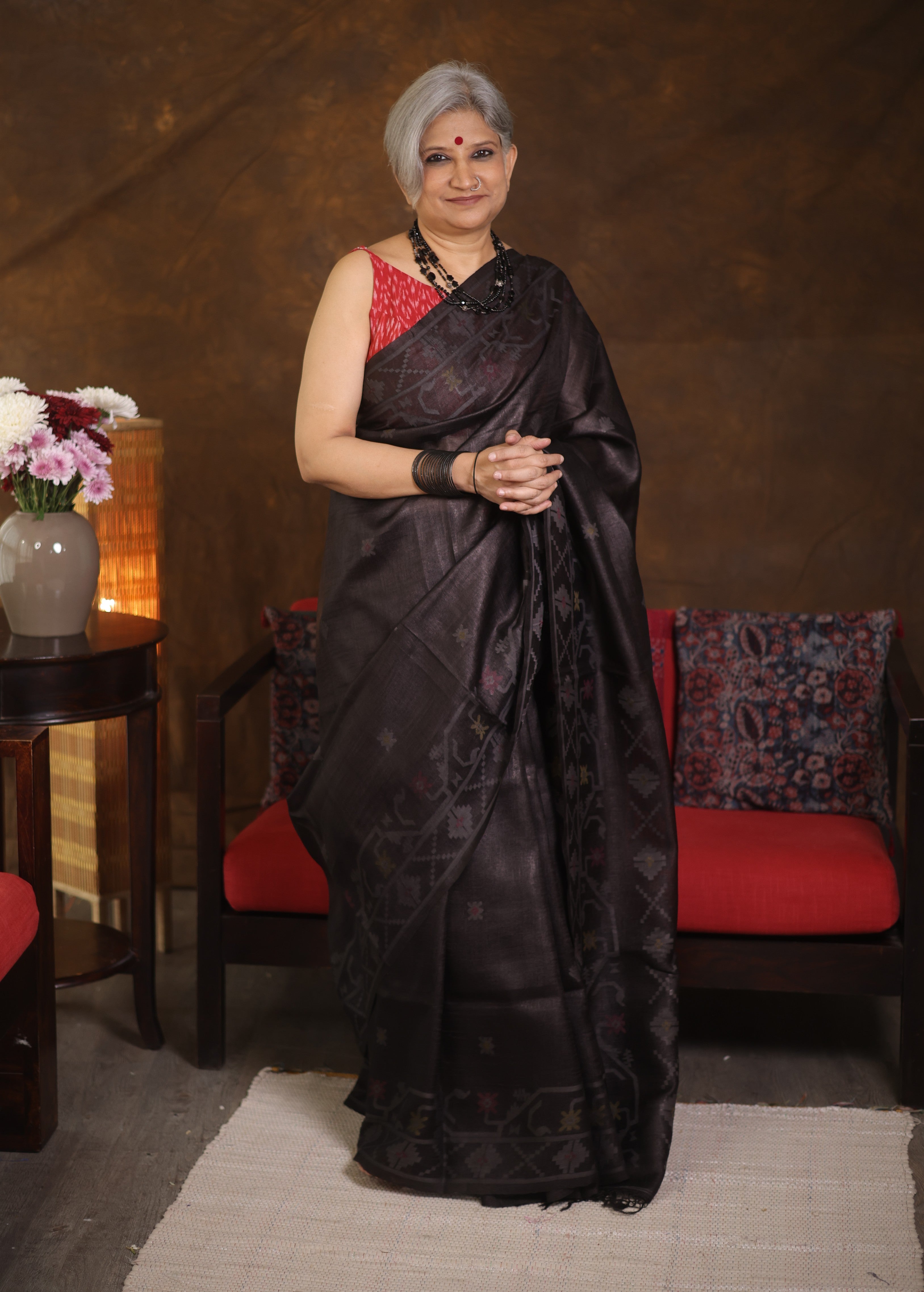 Black Jamdani Tussar Silk Saree - SRBJTSS0013