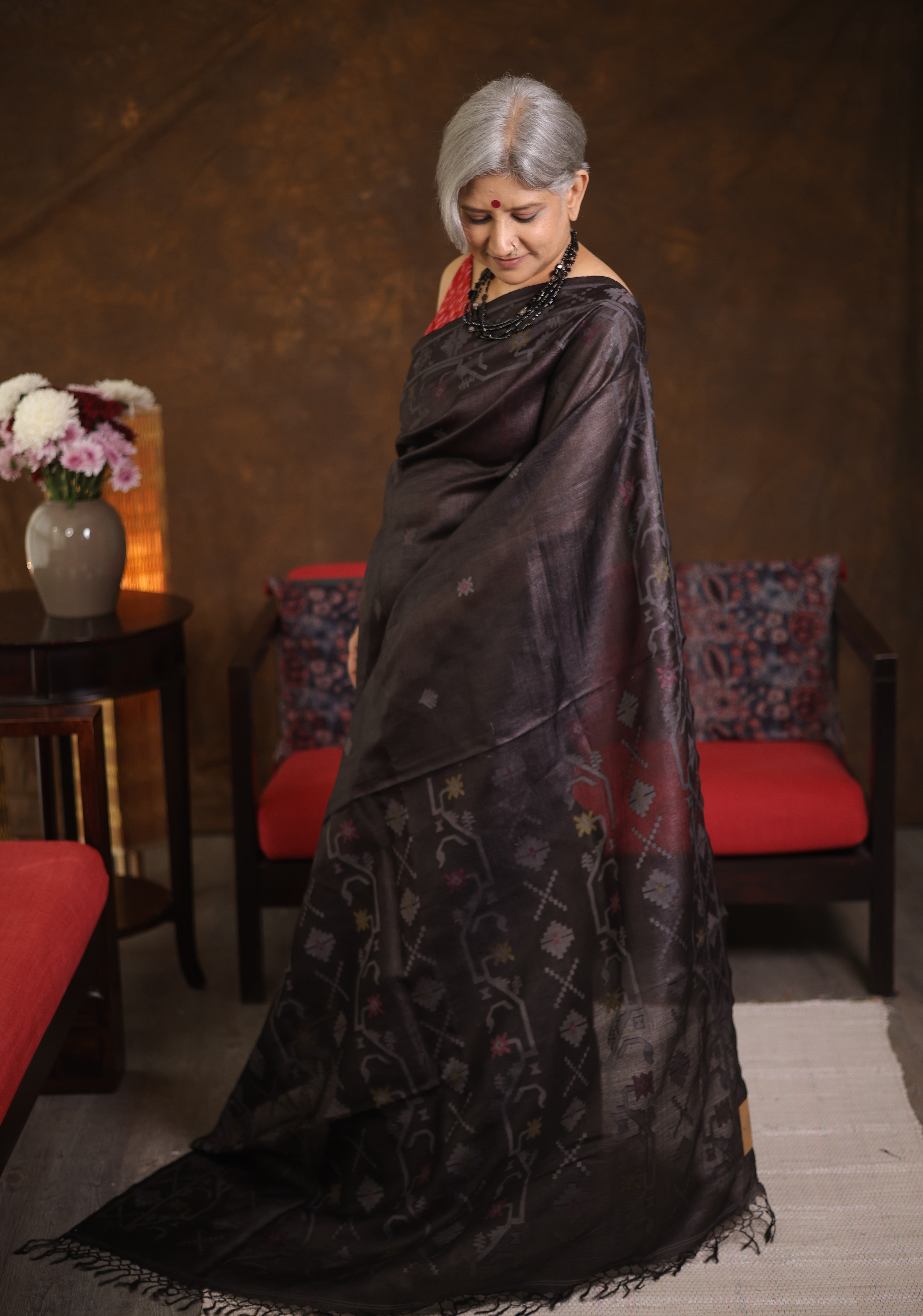 Black Jamdani Tussar Silk Saree - SRBJTSS0013