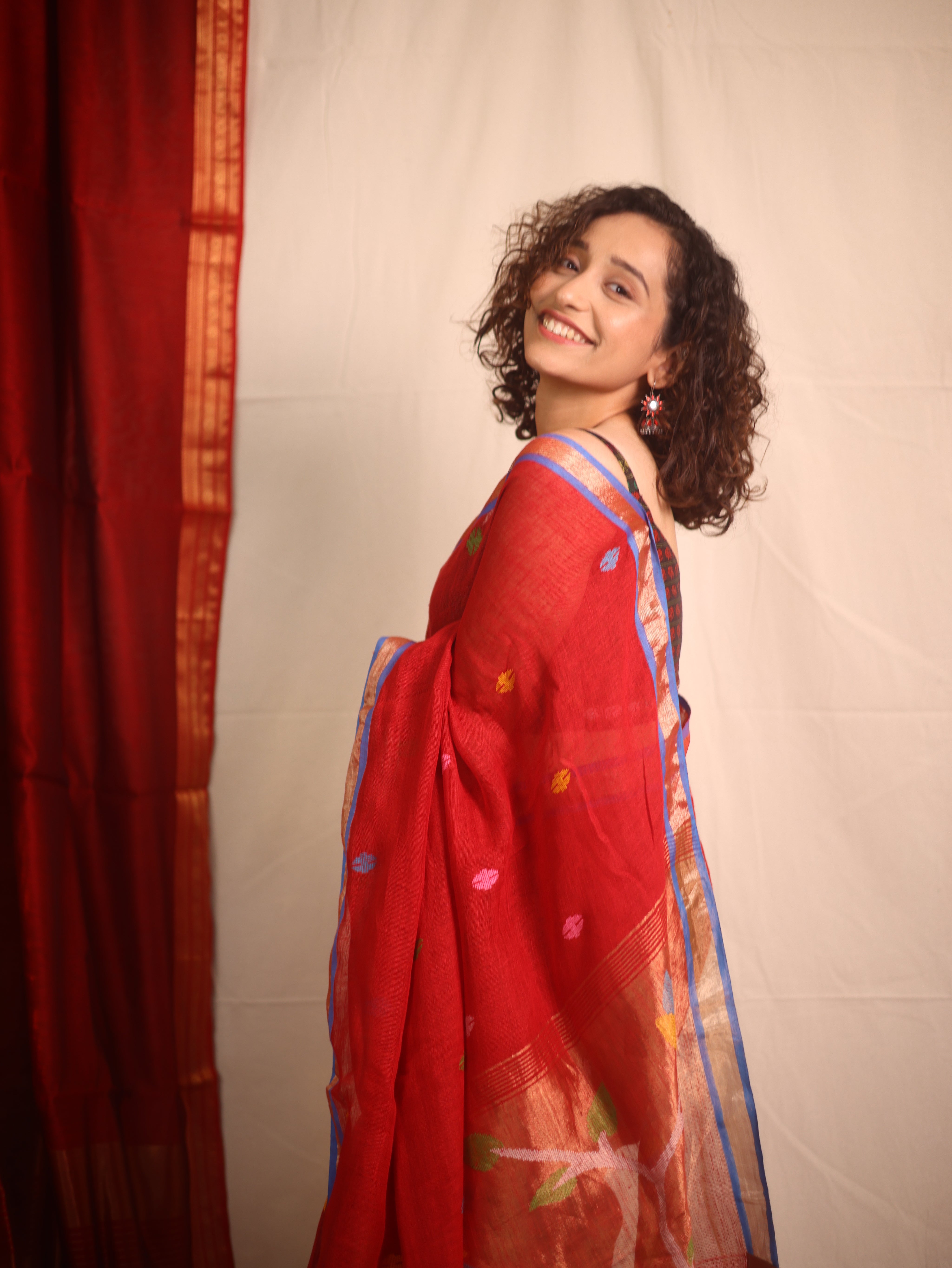 Red Linen Jamdani Saree - SRRLJS507