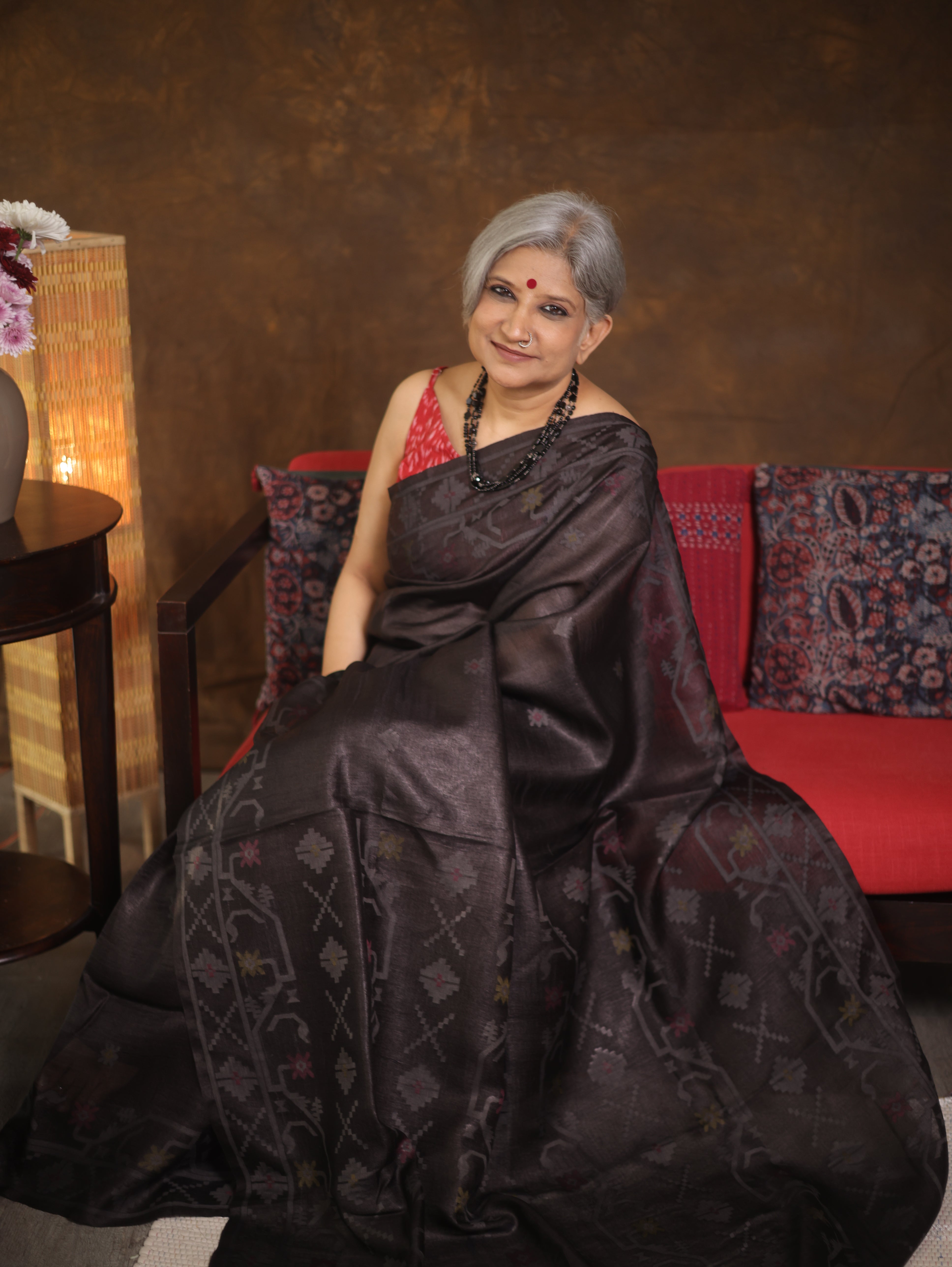 Black Jamdani Tussar Silk Saree - SRBJTSS0013