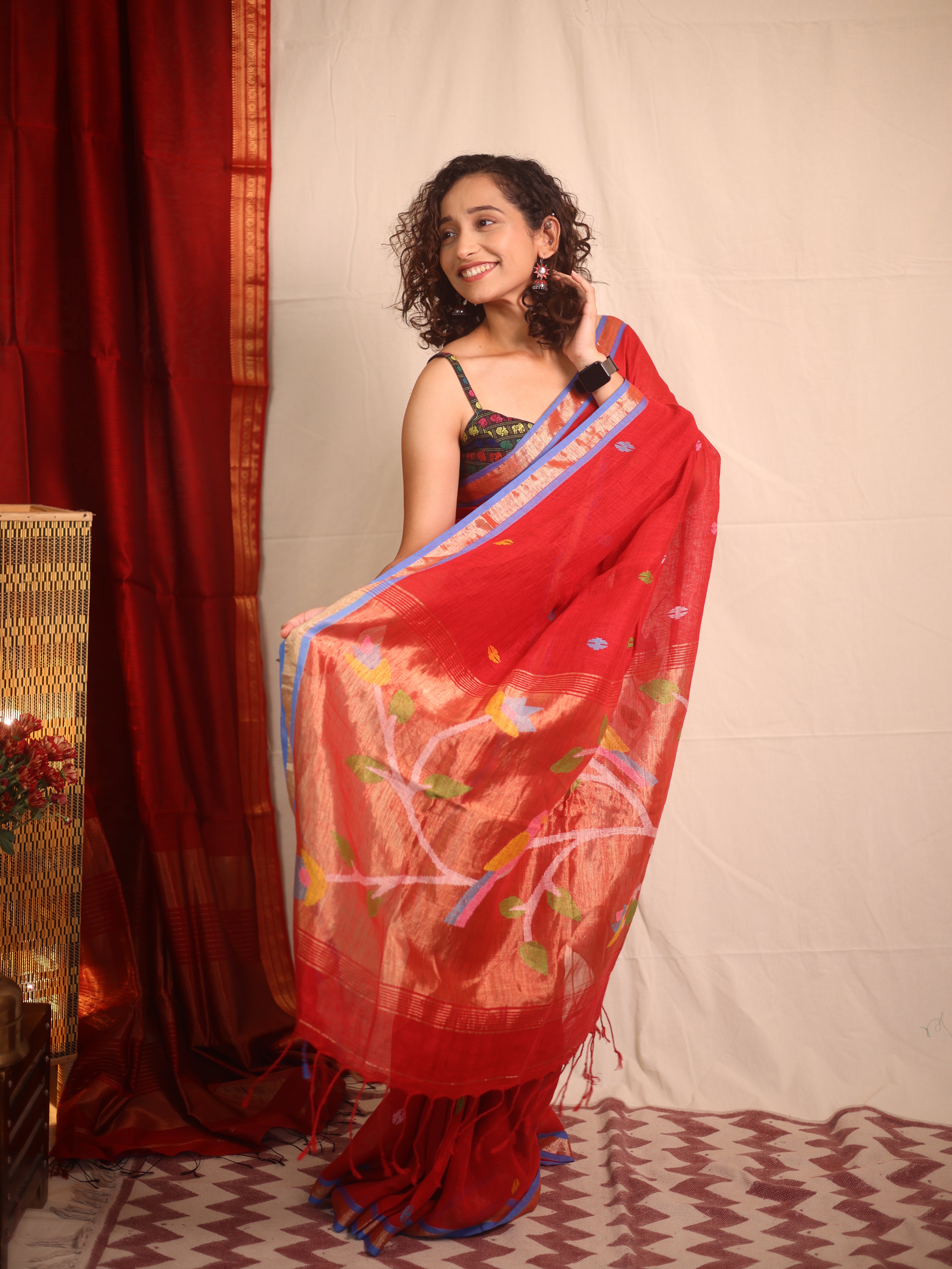 Red Linen Jamdani Saree - SRRLJS507