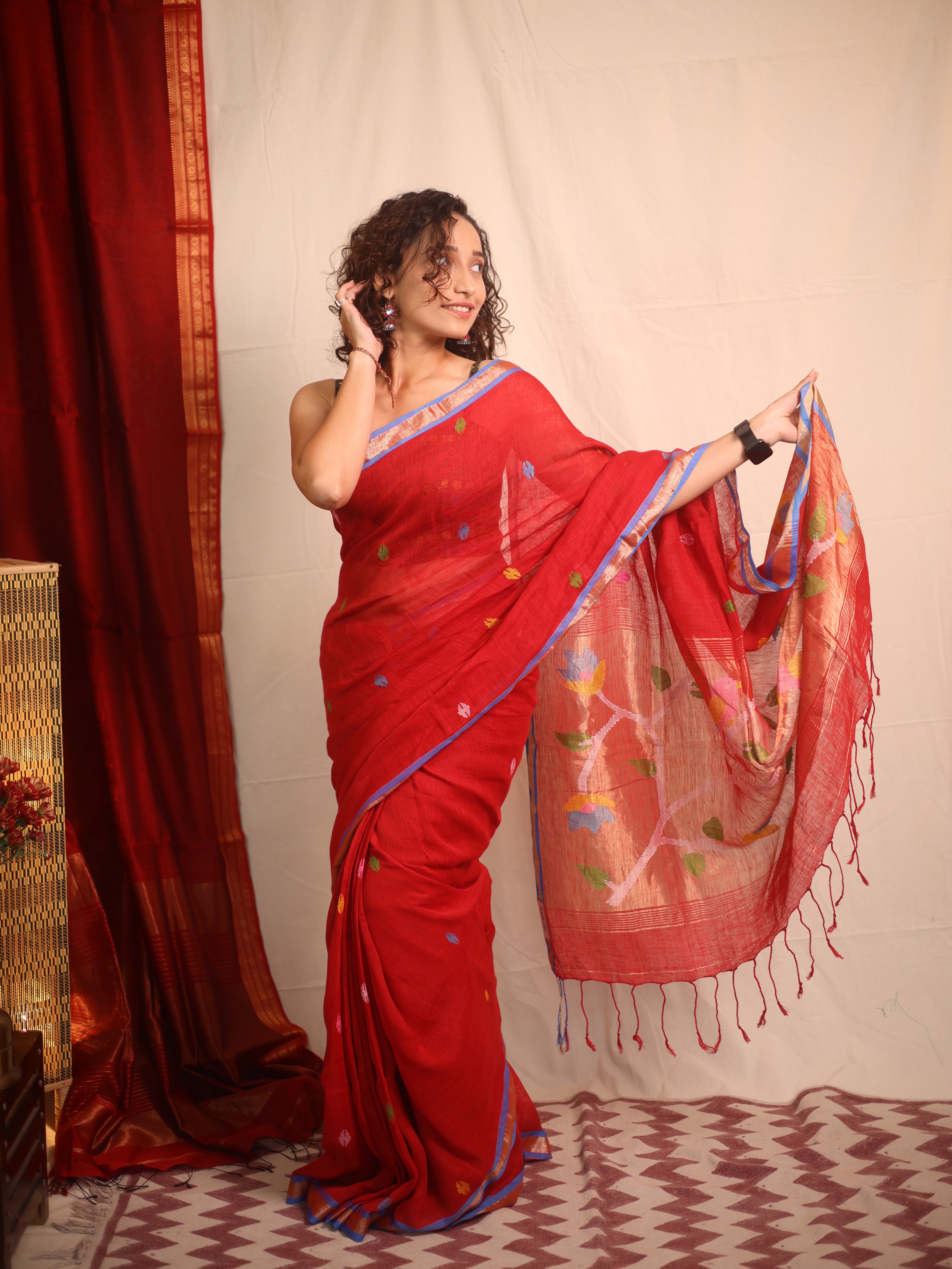Red Linen Jamdani Saree - SRRLJS507