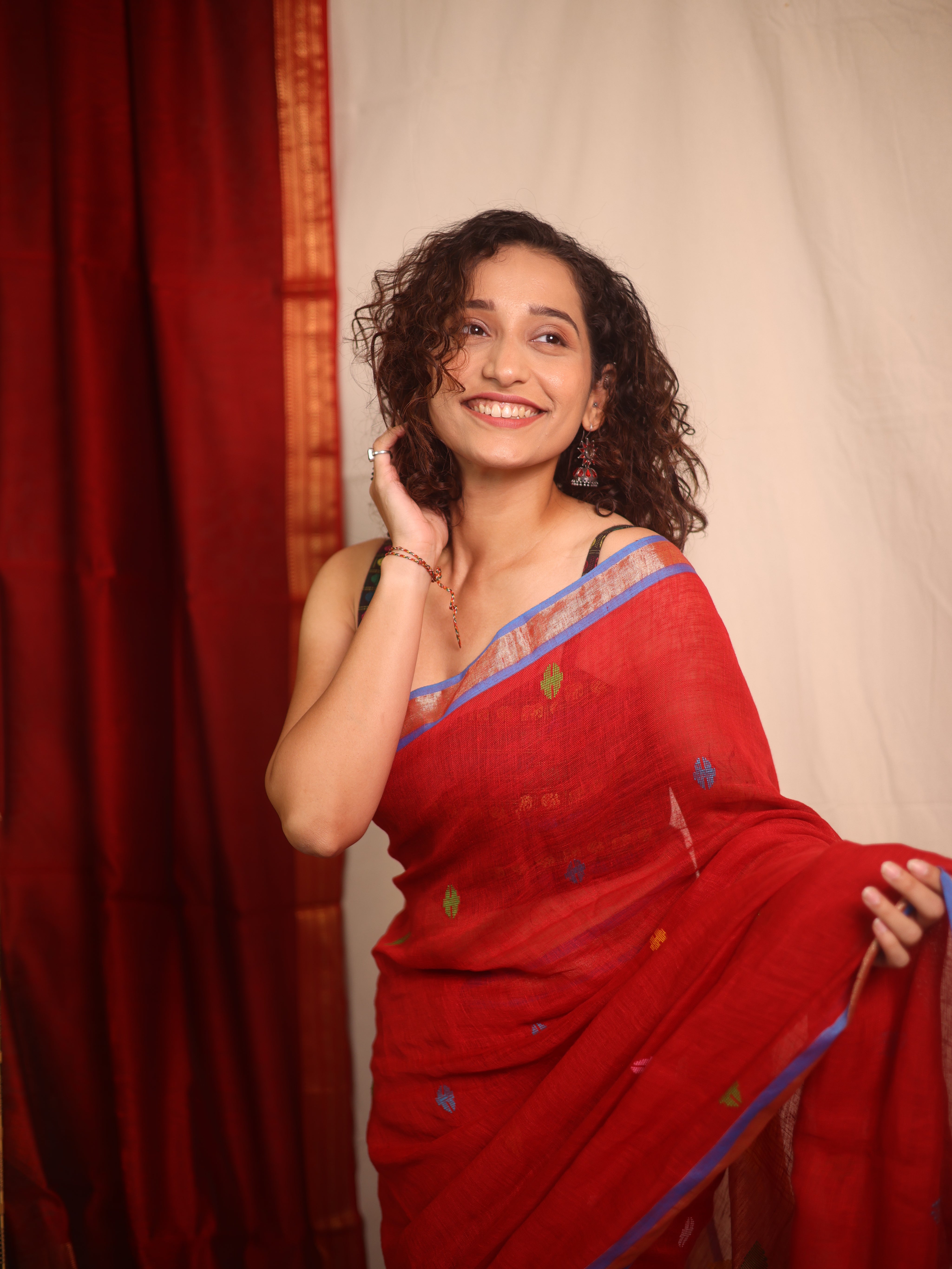 Red Linen Jamdani Saree - SRRLJS507