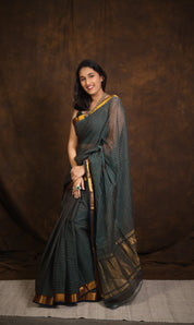 Brown Turquoise Cotton Mangalgiri Saree - SRBTCMS44