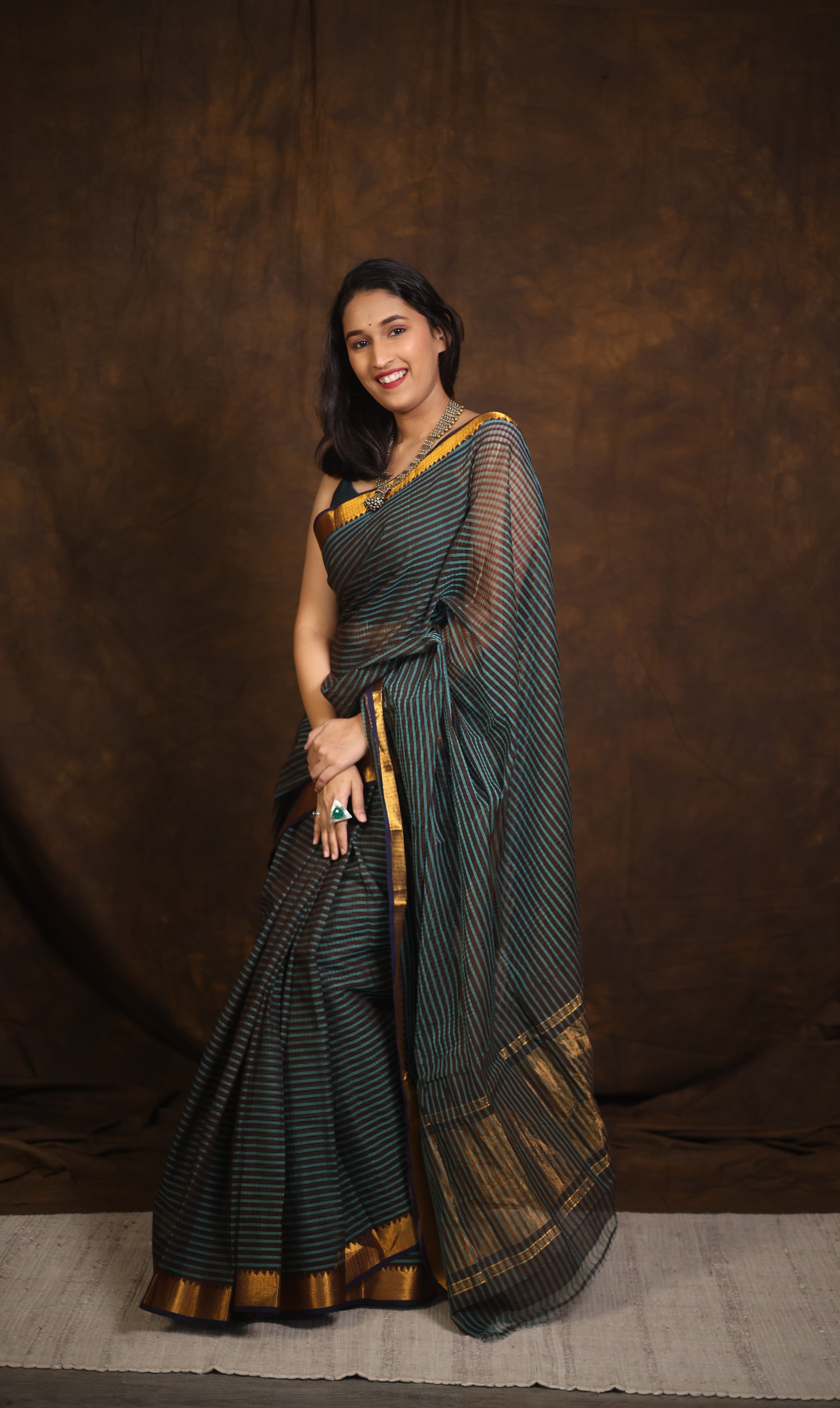 Brown Turquoise Cotton Mangalgiri Saree - SRBTCMS44