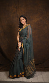 Brown Turquoise Cotton Mangalgiri Saree - SRBTCMS44