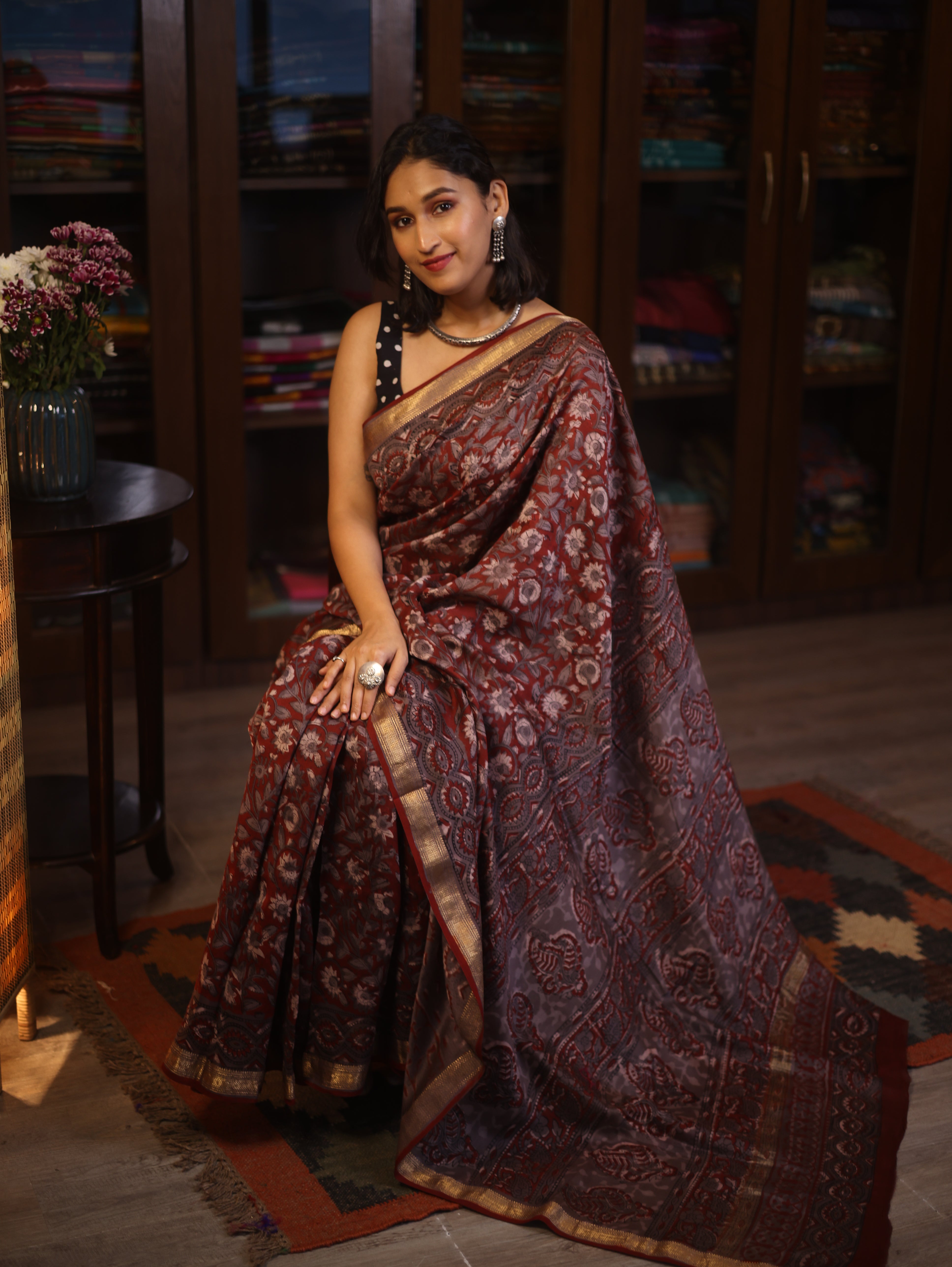 Maroon HBP Chanderi Cotton Silk Saree With Maheshwari Border - SRMCS1105
