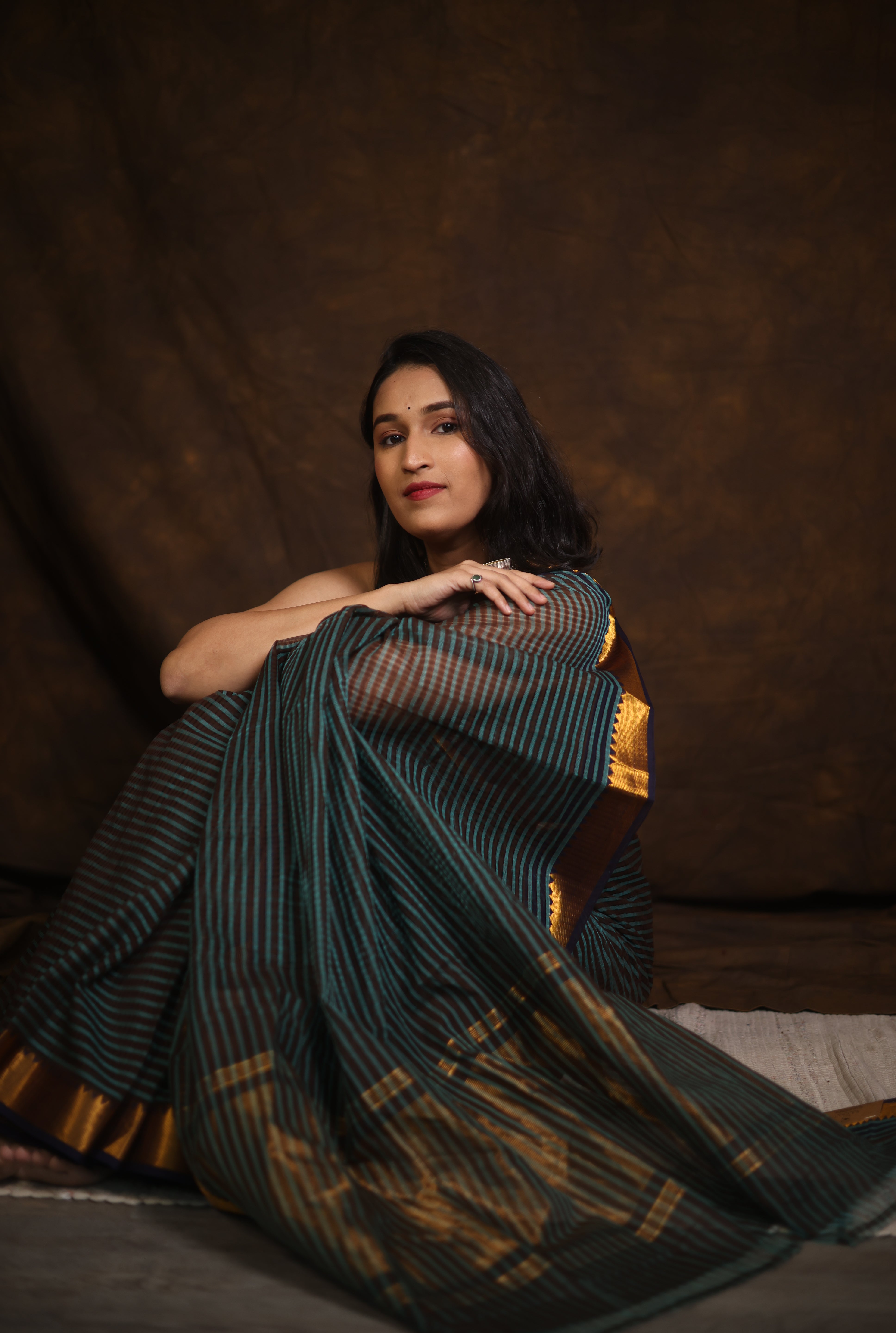 Brown Turquoise Cotton Mangalgiri Saree - SRBTCMS44