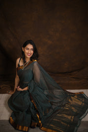 Brown Turquoise Cotton Mangalgiri Saree - SRBTCMS44