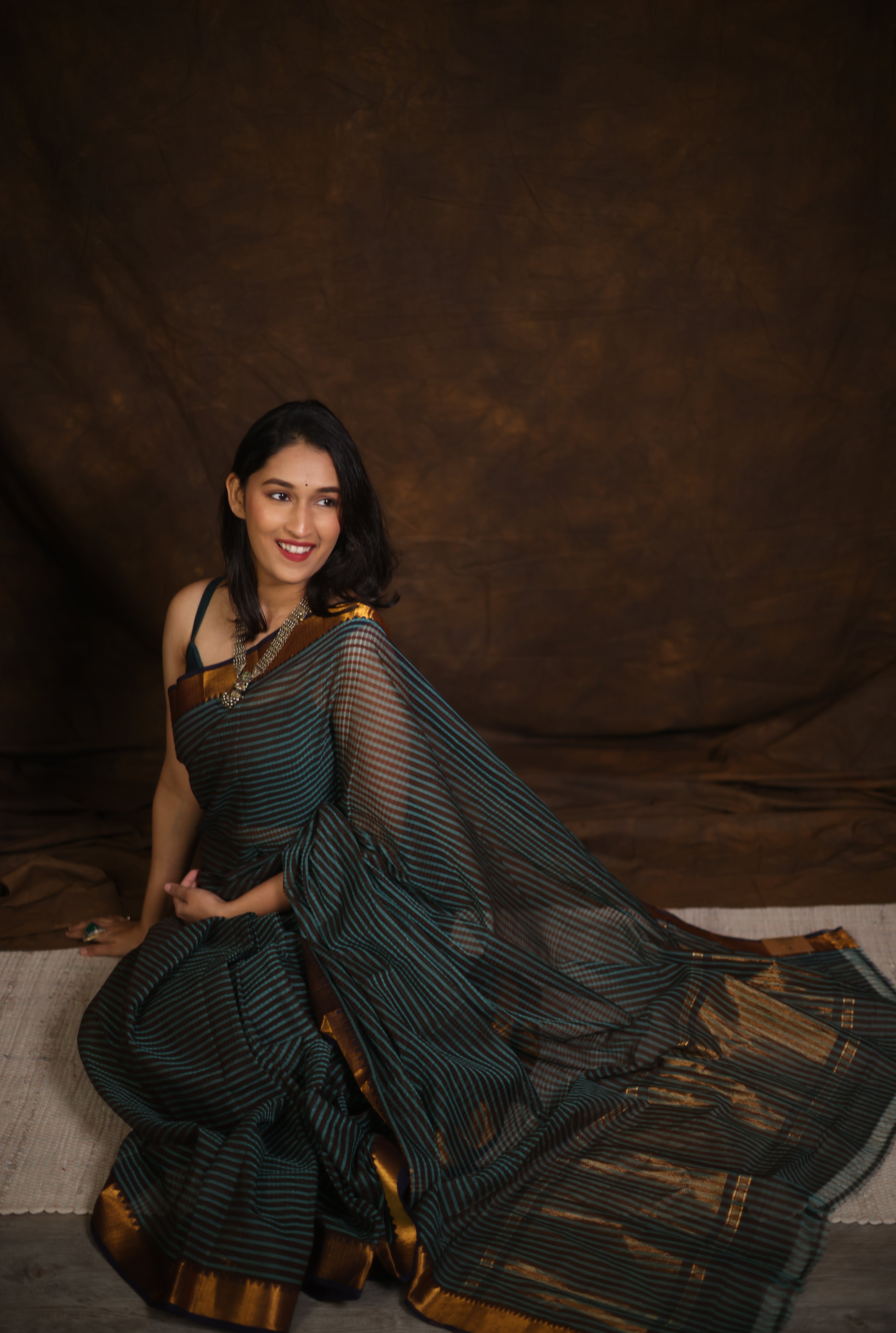 Brown Turquoise Cotton Mangalgiri Saree - SRBTCMS44