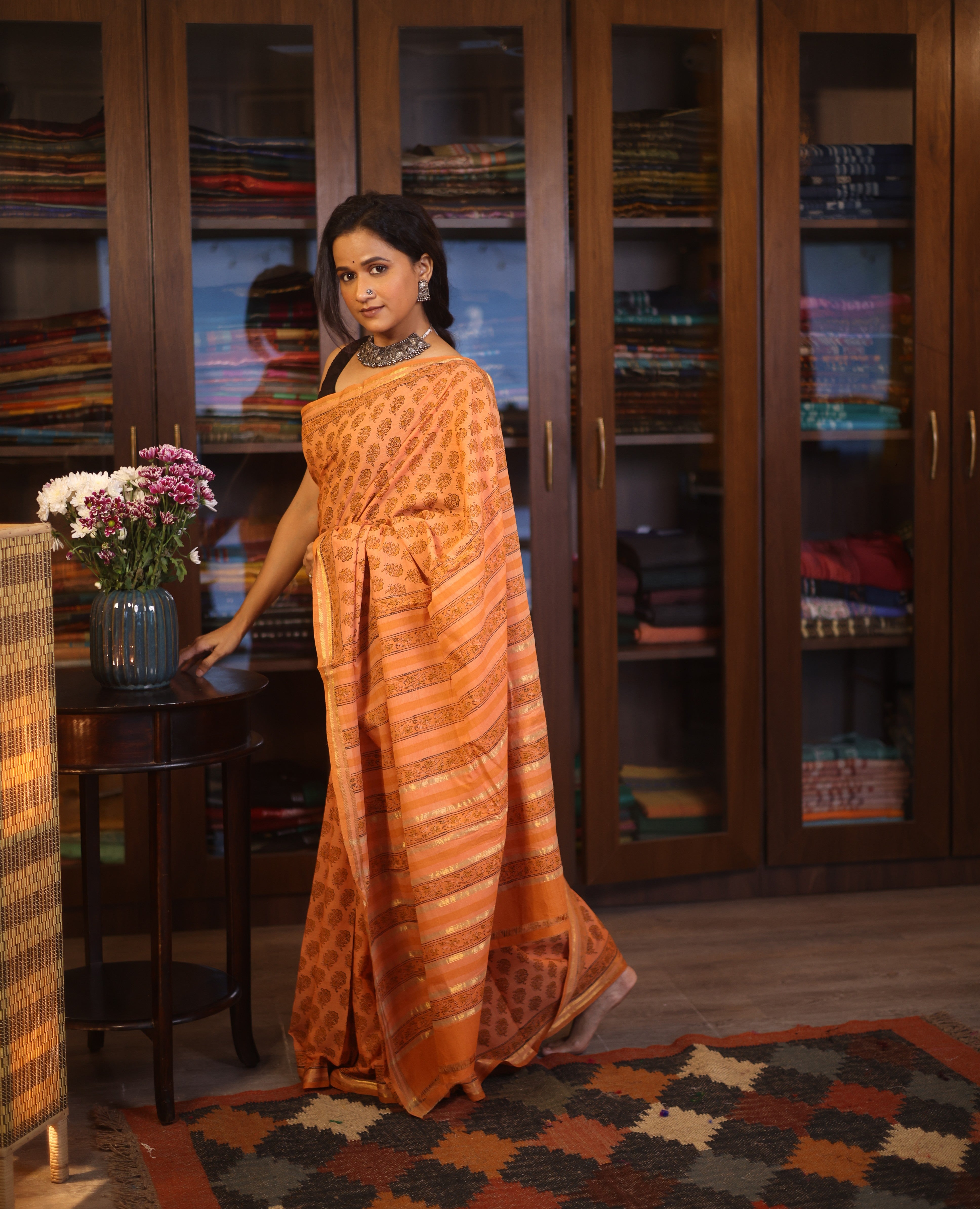Orange  HBP Mangalgiri Cotton Saree With Maheshwari Border - SROMCS1193