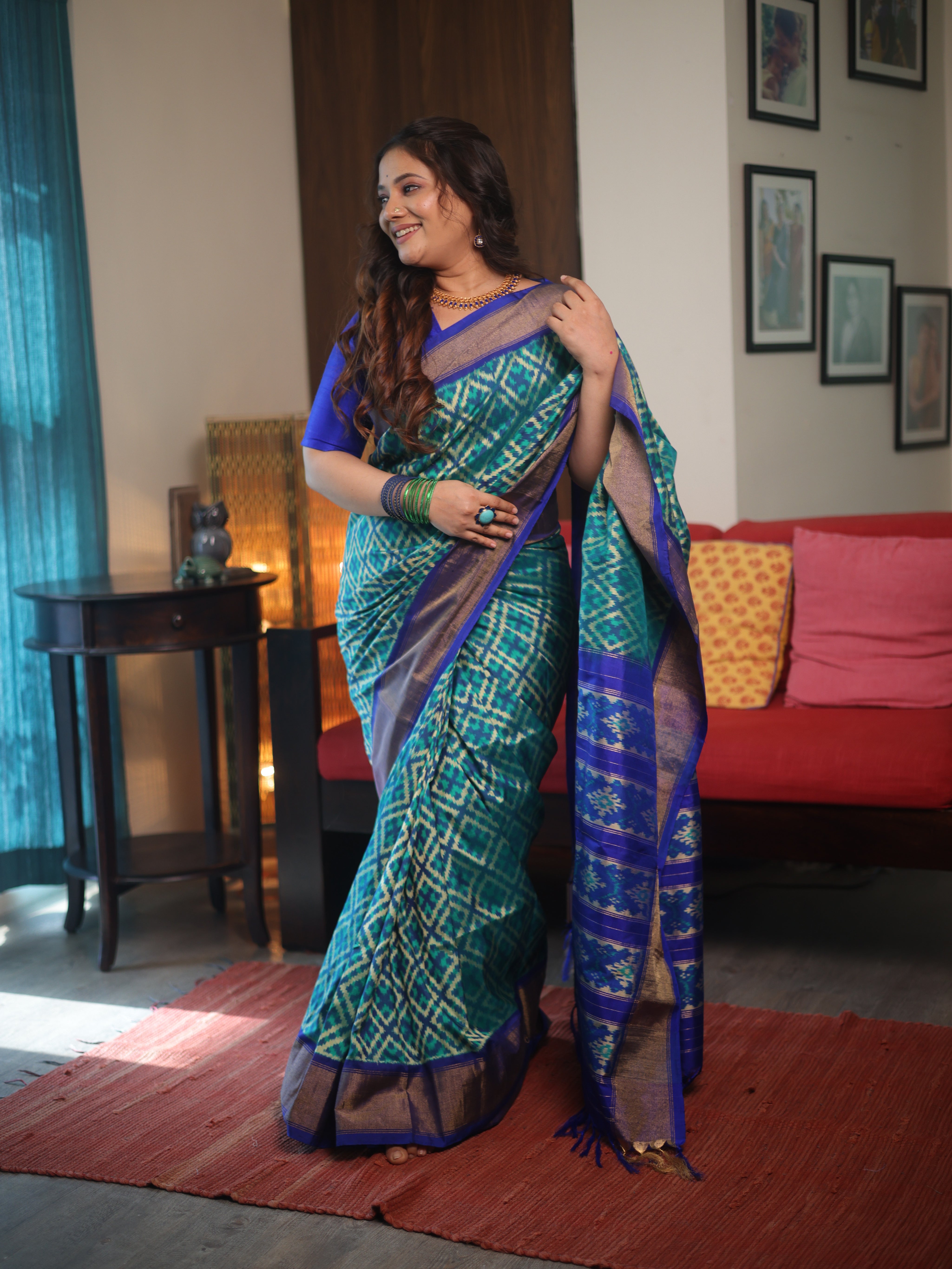 Blue Green Pochampalli Silk Ikat Saree - SRBGPSIS270