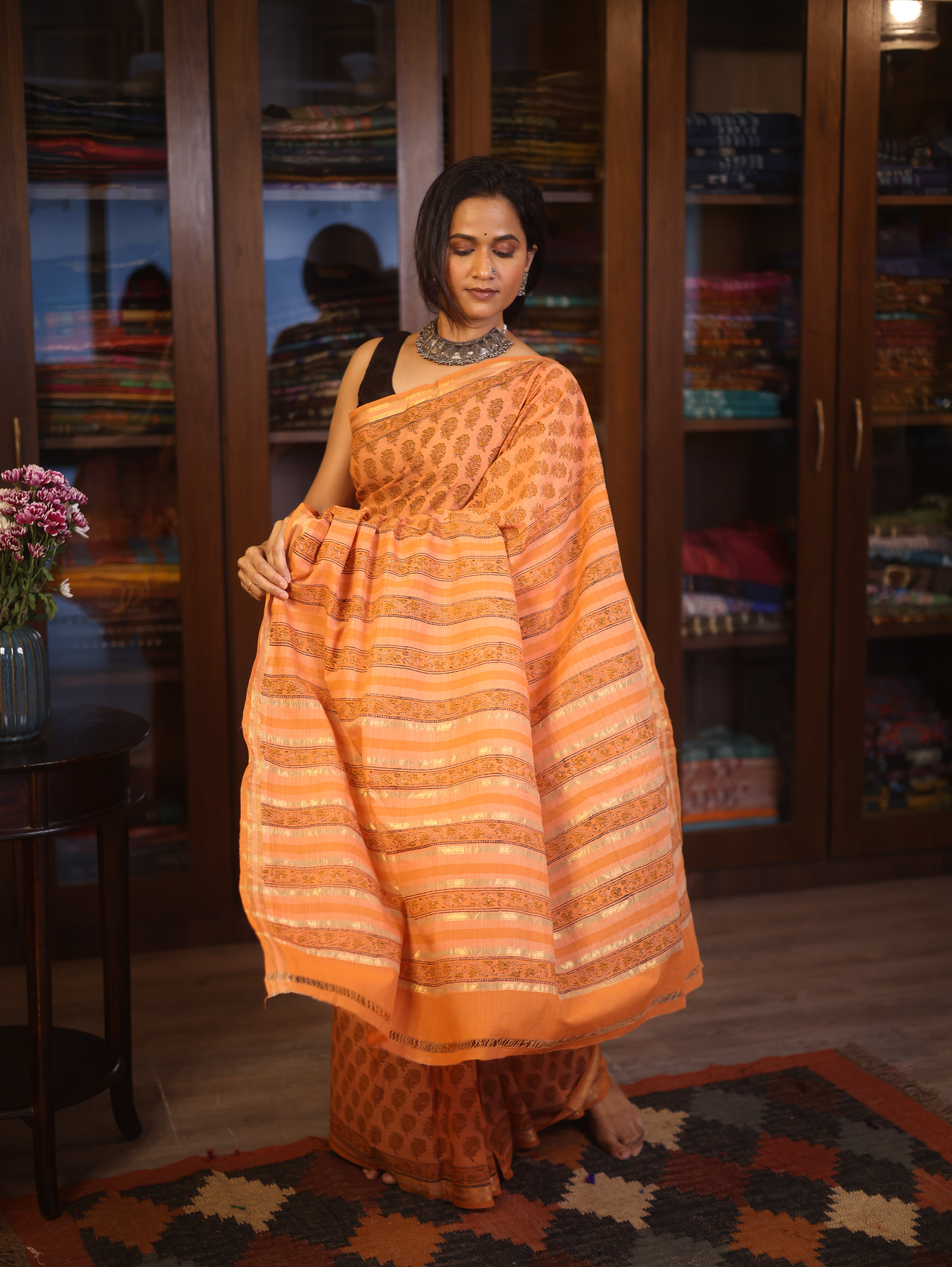 Orange  HBP Mangalgiri Cotton Saree With Maheshwari Border - SROMCS1193