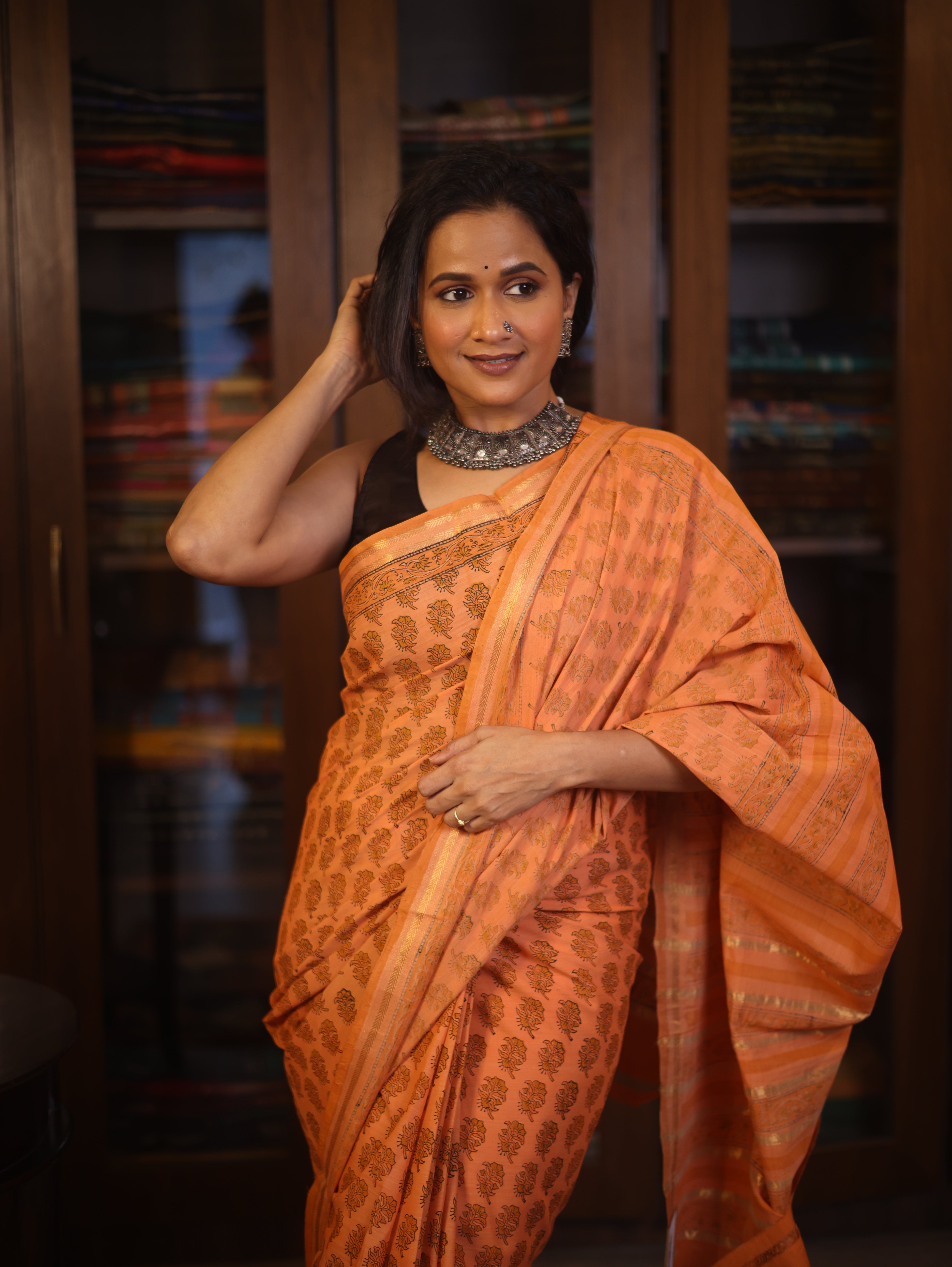 Orange  HBP Mangalgiri Cotton Saree With Maheshwari Border - SROMCS1193