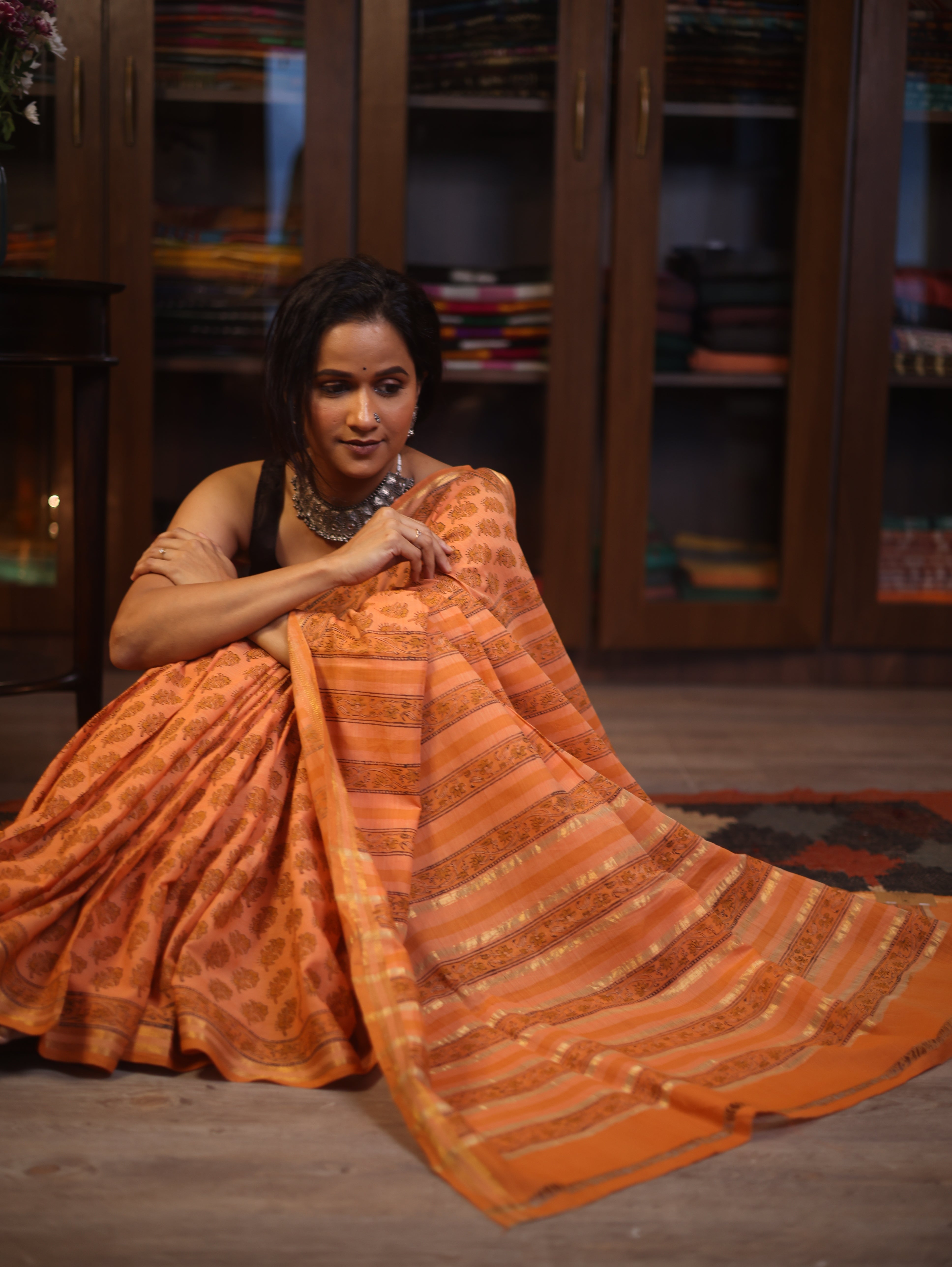 Orange  HBP Mangalgiri Cotton Saree With Maheshwari Border - SROMCS1193