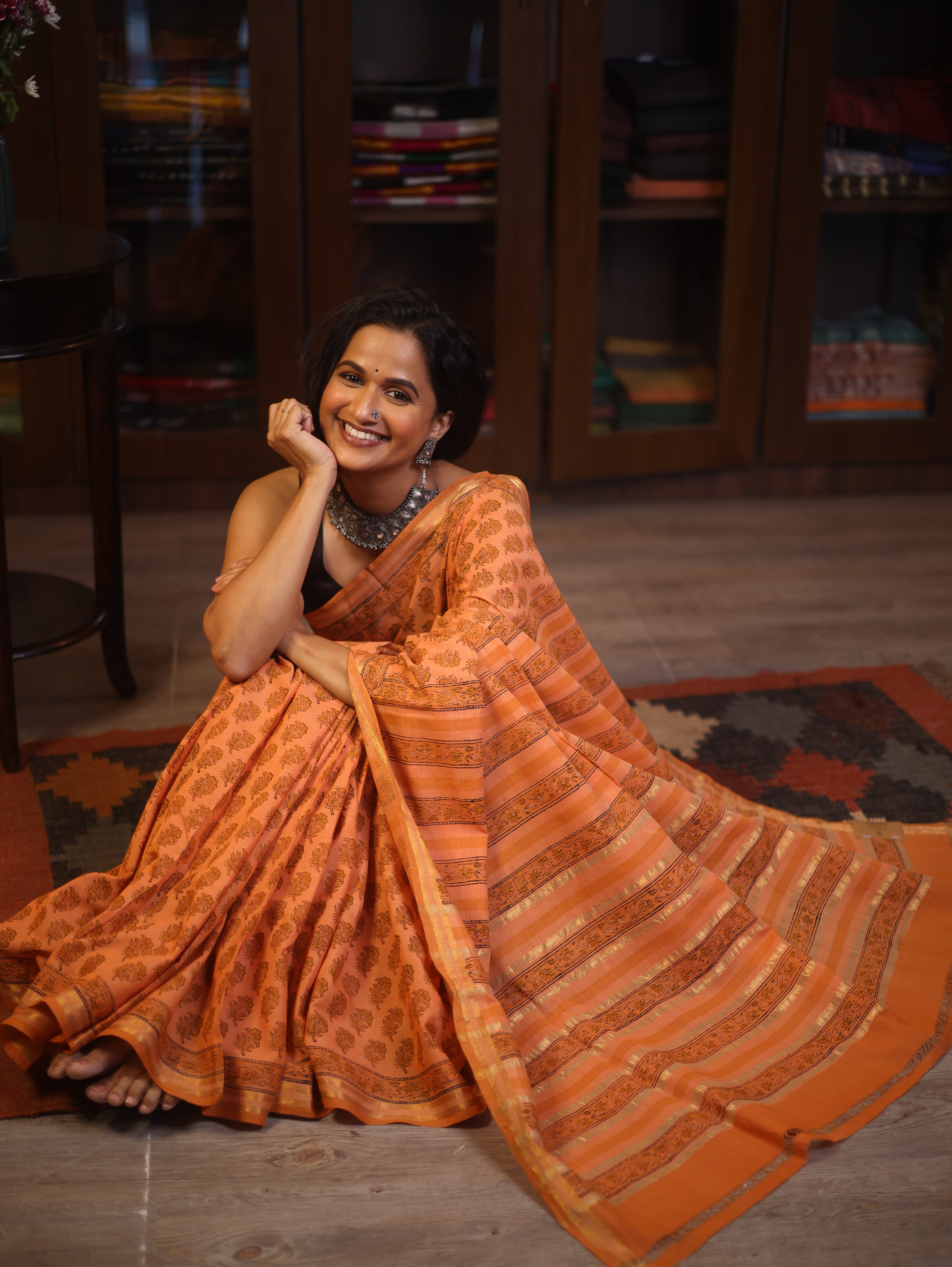 Orange  HBP Mangalgiri Cotton Saree With Maheshwari Border - SROMCS1193